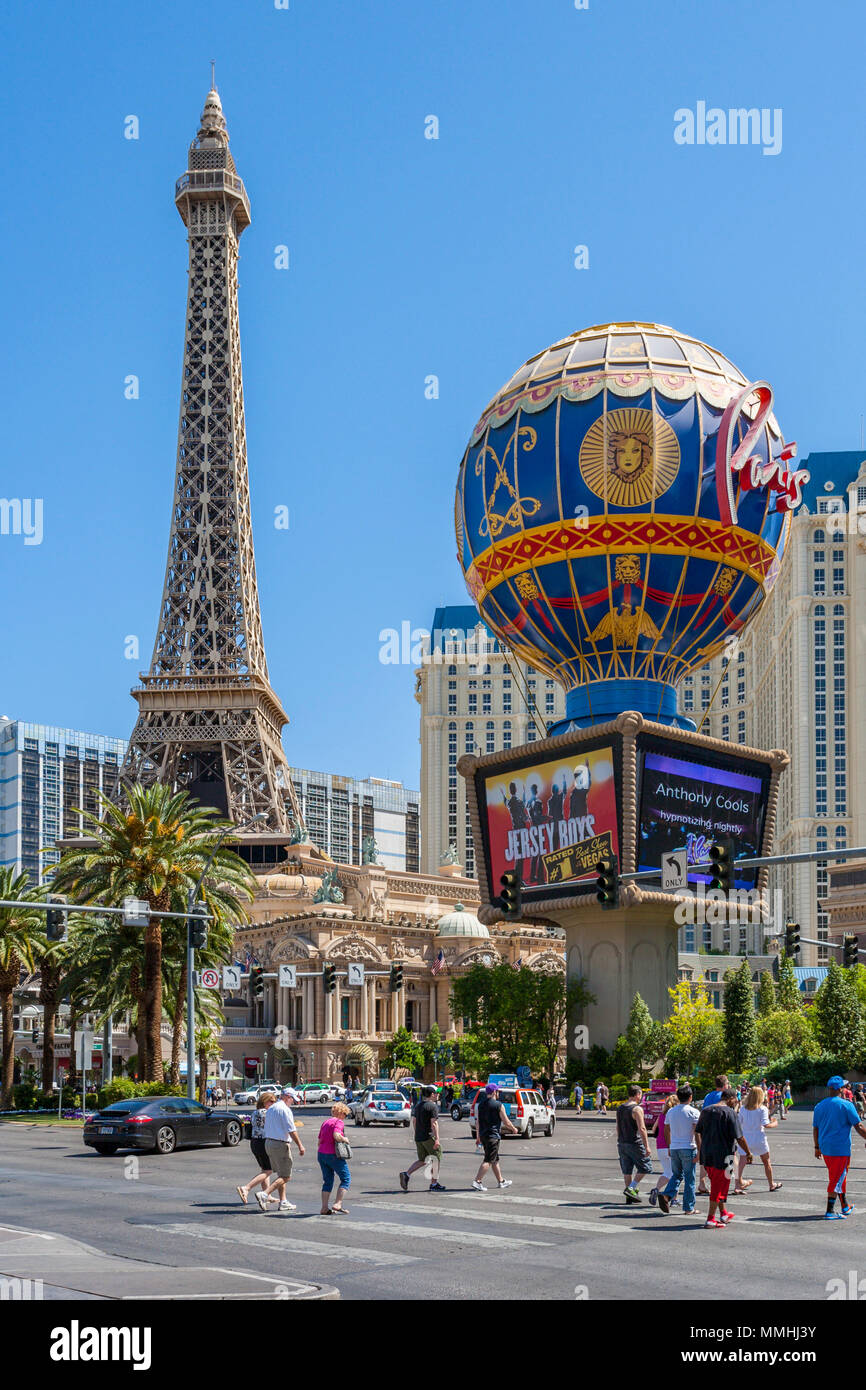 Paris hot air balloon sign and Scale replica of the Eiffel Tower at Paris Las Vegas Hotel and Casino on the Las Vegas Strip in Paradise, Nevada Stock Photo