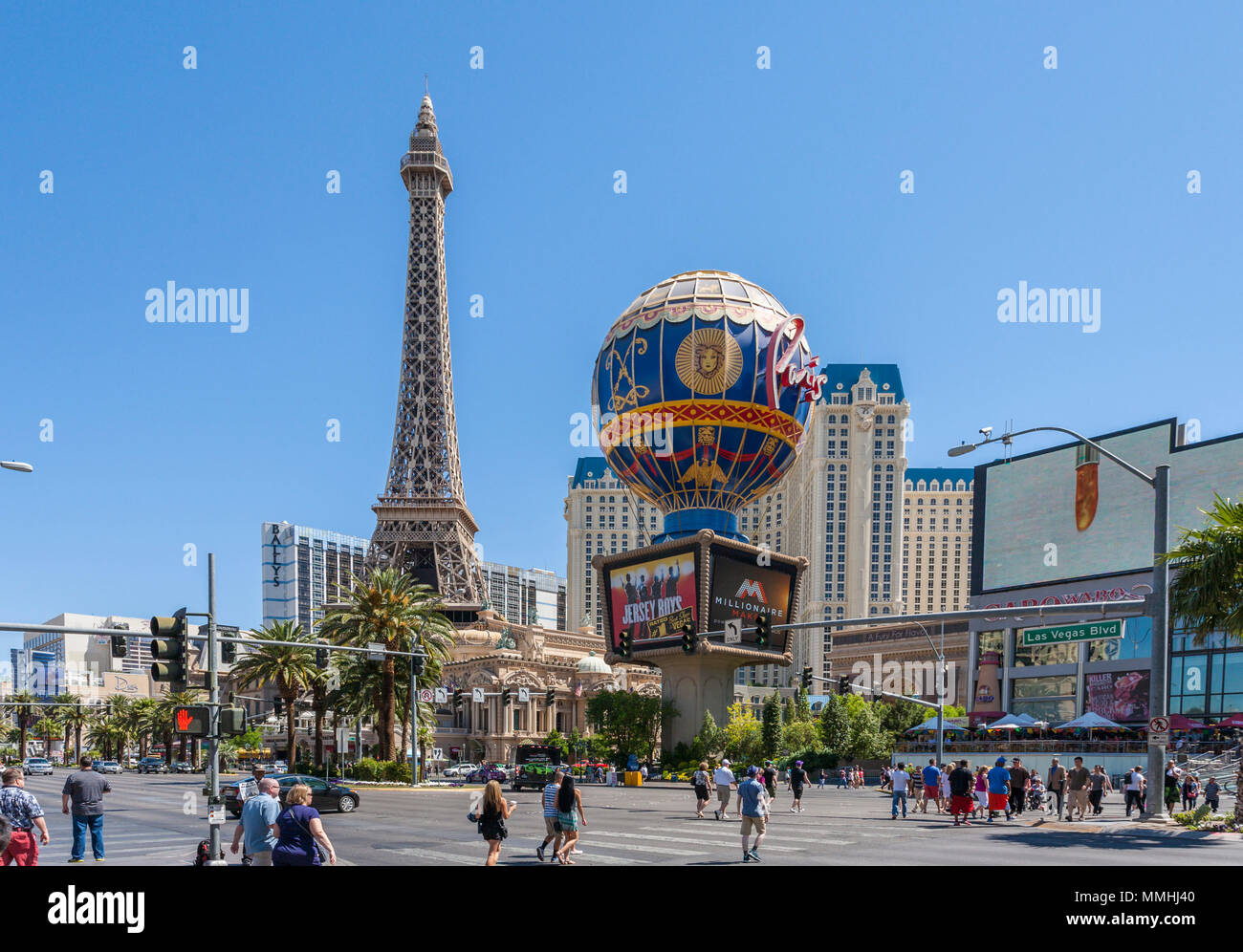 Paris hot air balloon sign and Scale replica of the Eiffel Tower at Paris Las Vegas Hotel and Casino on the Las Vegas Strip in Paradise, Nevada Stock Photo