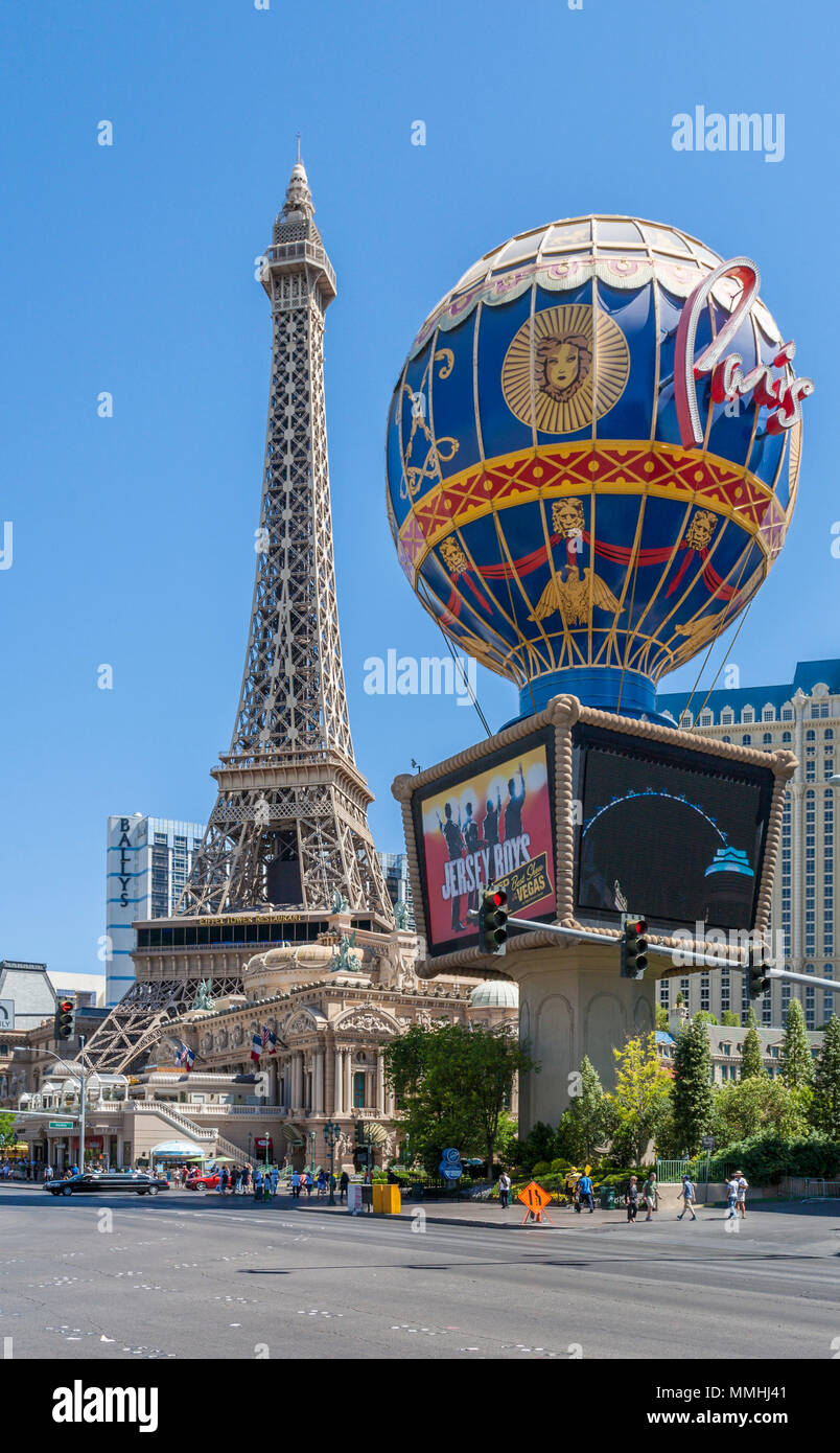 Paris hot air balloon sign and Scale replica of the Eiffel Tower at Paris Las Vegas Hotel and Casino on the Las Vegas Strip in Paradise, Nevada Stock Photo