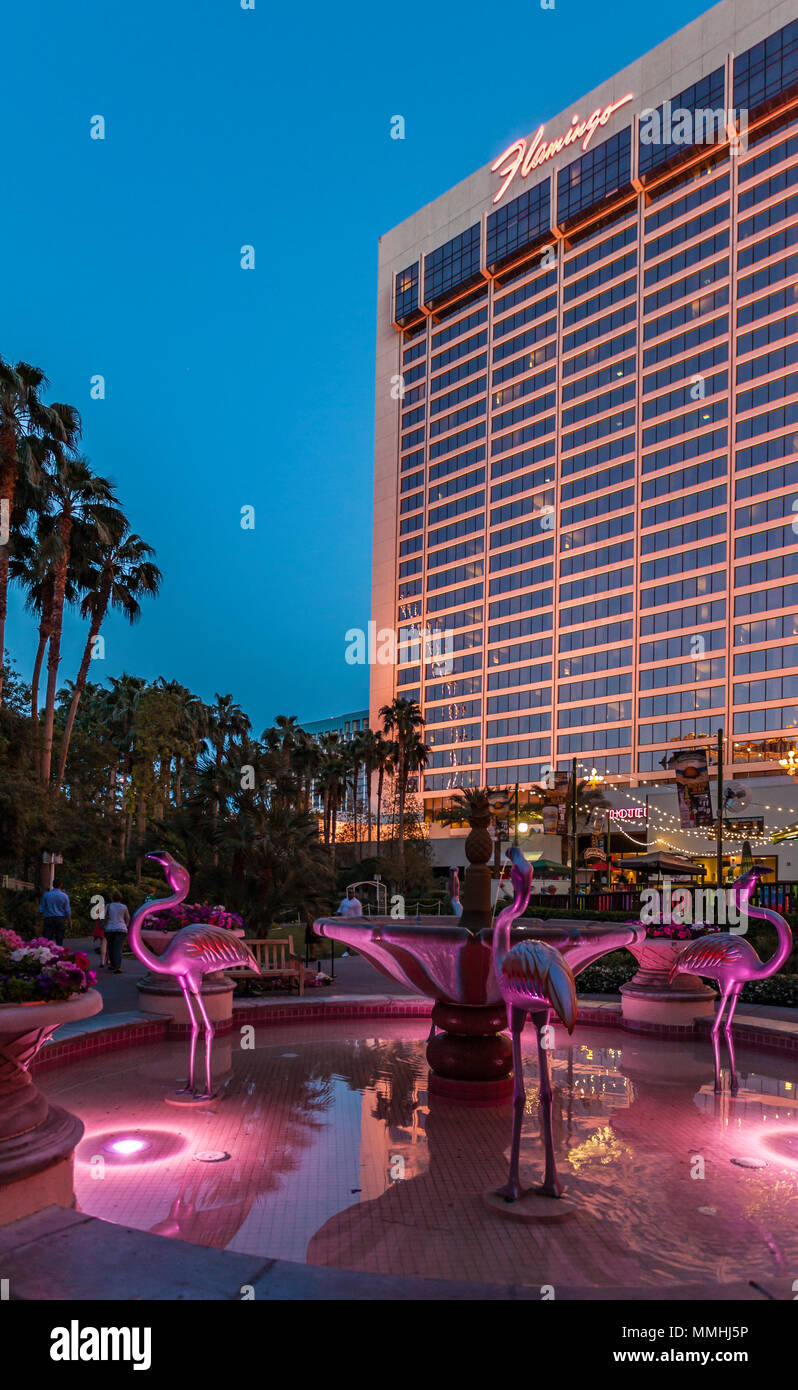 Pink flamingo fountain at the Flamingo Las Vegas Hotel and Casino on the Las Vegas Strip in Paradise, Nevada Stock Photo