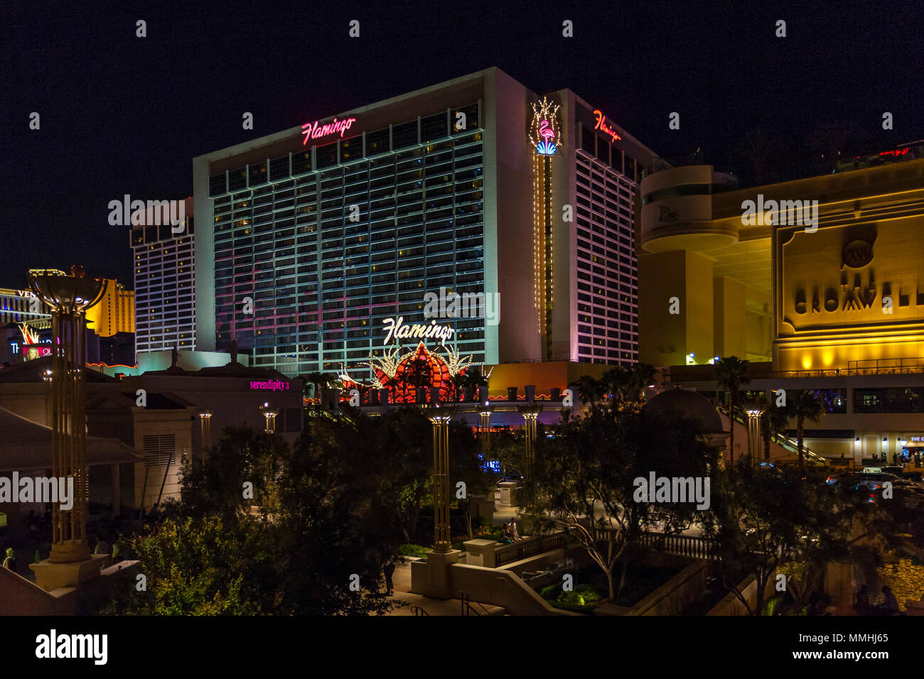 Night time view of the Flamingo Las Vegas Hotel and Casino on the Las Vegas Strip in Paradise, Nevada Stock Photo