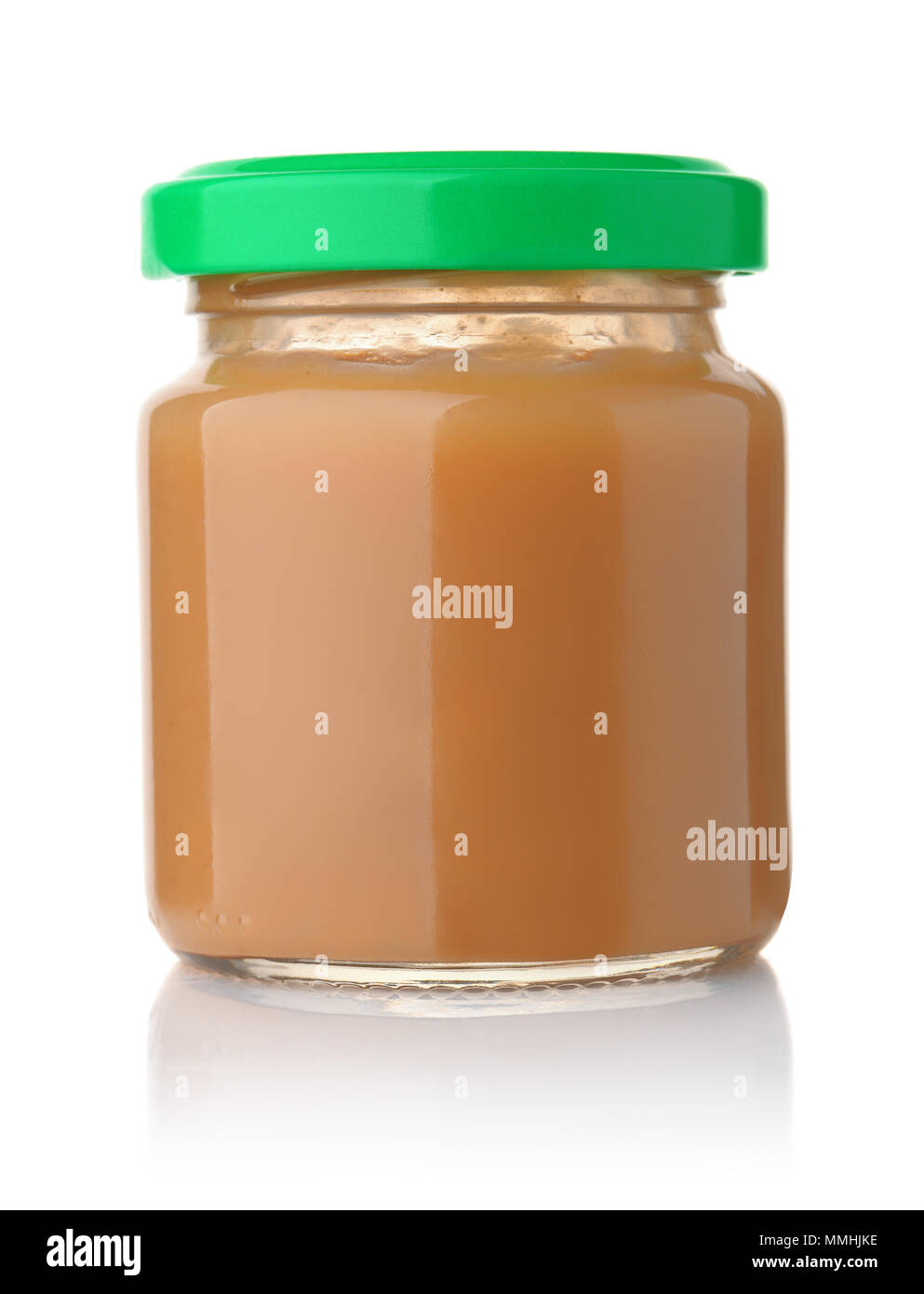 Front view of baby fruit puree jar isolated on white Stock Photo