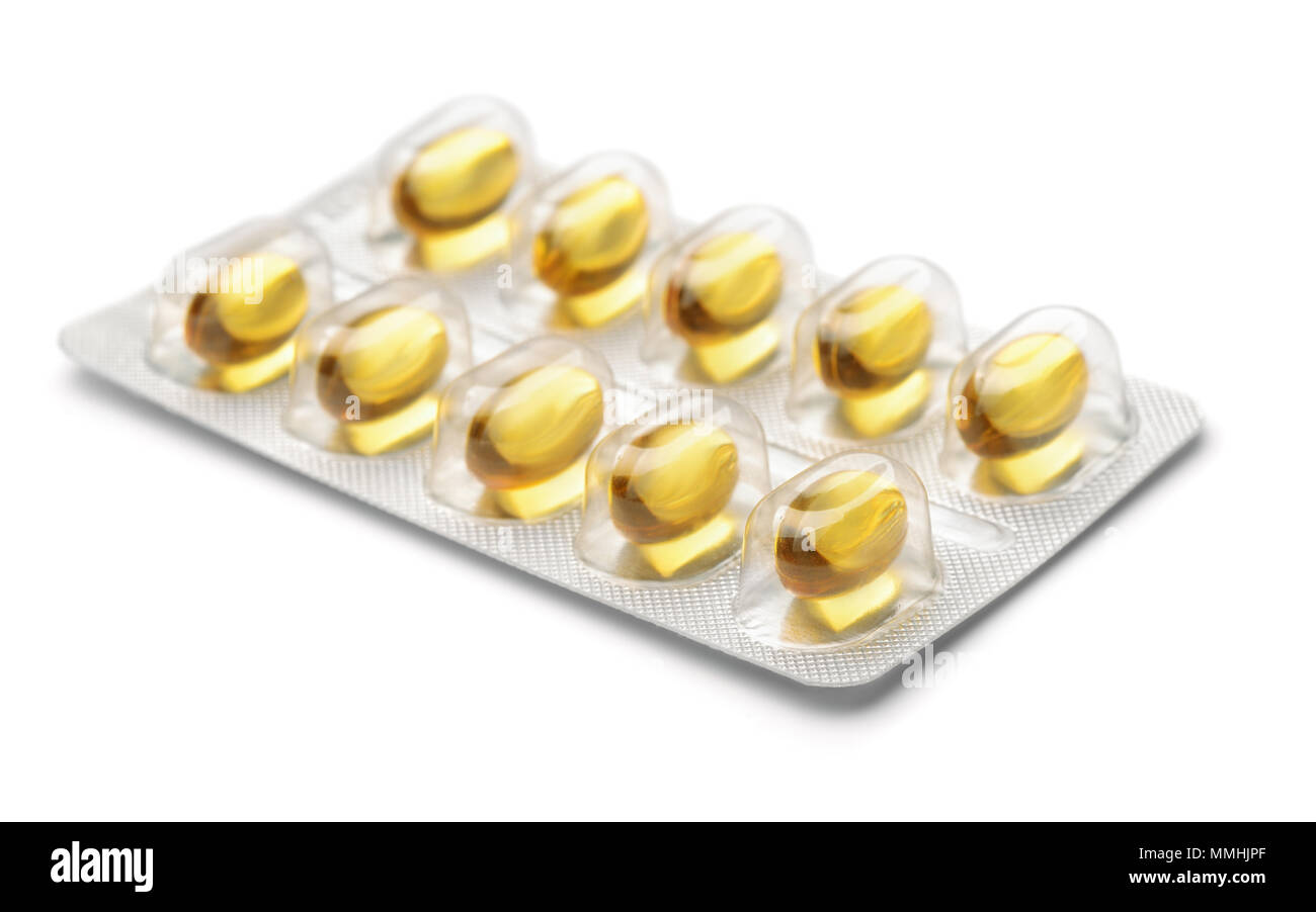 Blister pack of fish oil capsules isoated on white Stock Photo