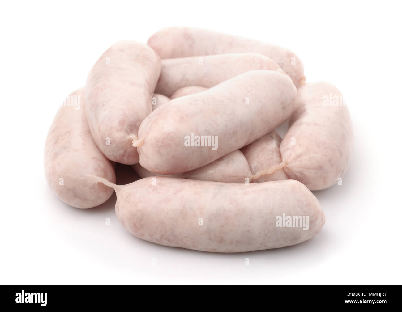 Pile of raw traditional bavarian white sausages isolated on white Stock Photo