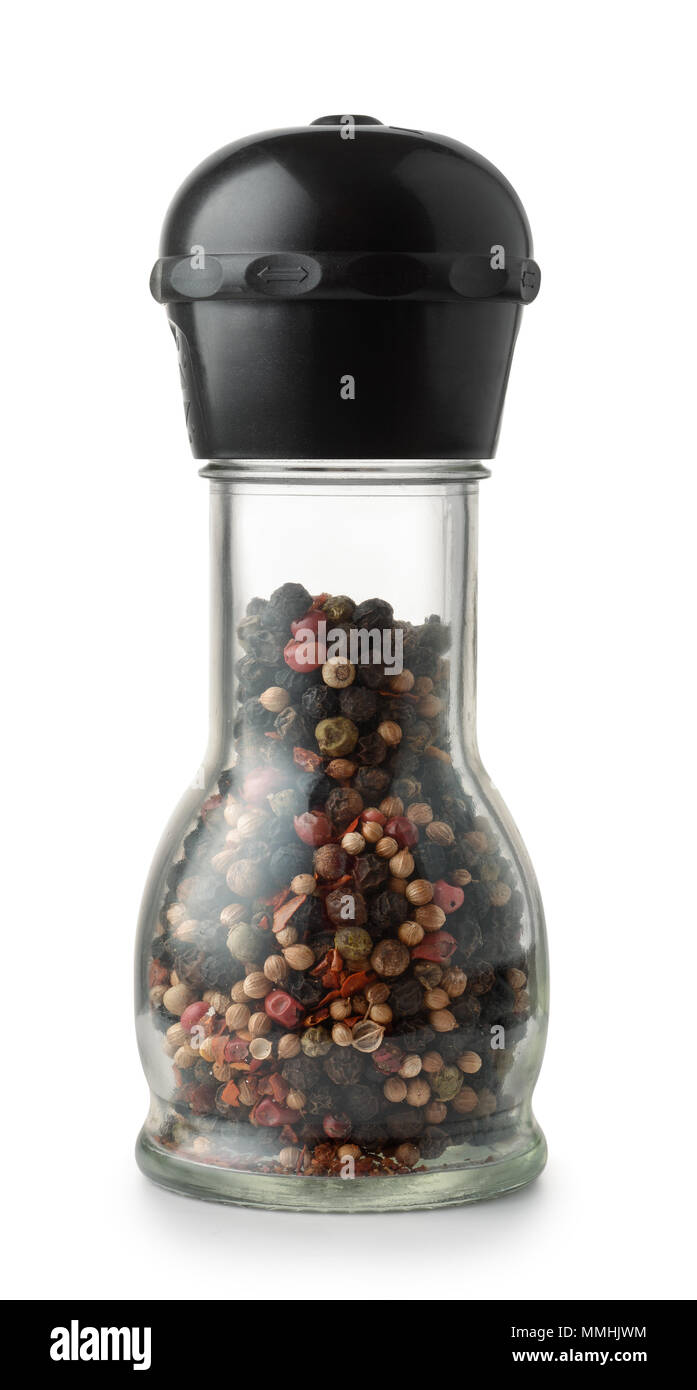 Front view of glass pepper mill isolated on white Stock Photo Alamy