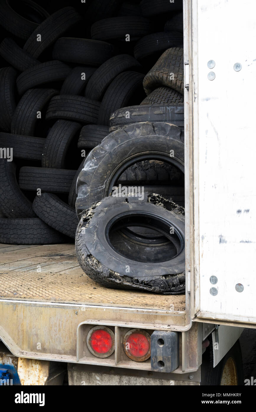 Old used worn tire tread waste tires of different sizes and treads from