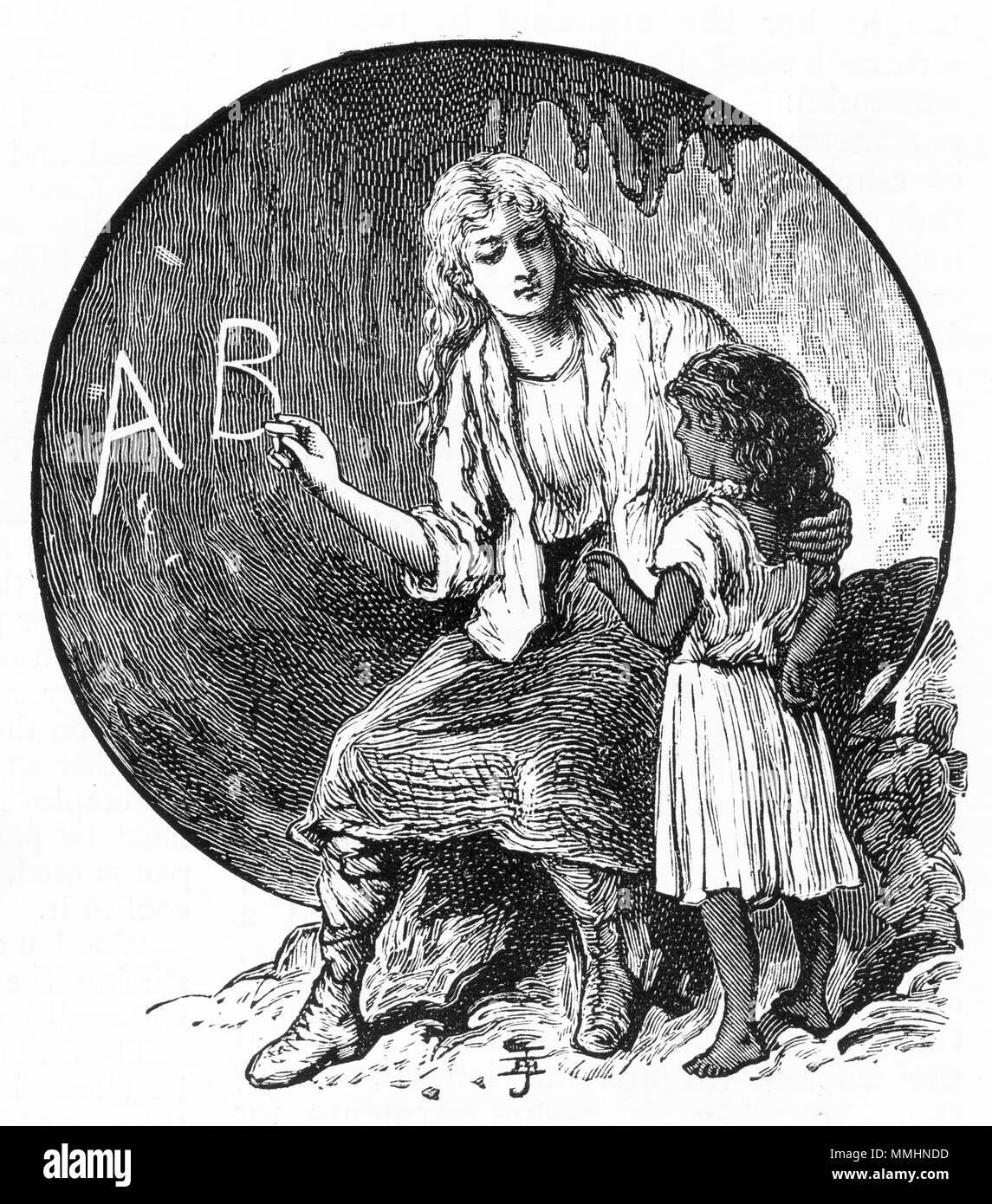 Engraving of a young woman teaching a native girl the alphabet. From an original engraving in the Girl's Own Paper magazine 1883. Stock Photo