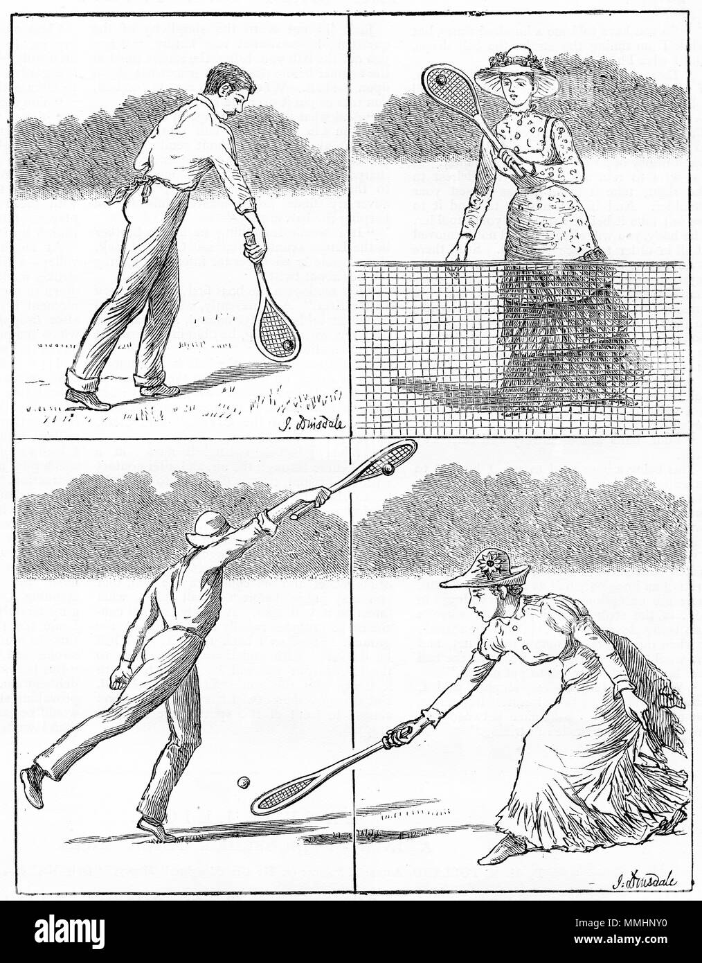 Engraving of various plays for the game of lawn tennis. From an original engraving in the Girl's Own Paper magazine 1882. Stock Photo