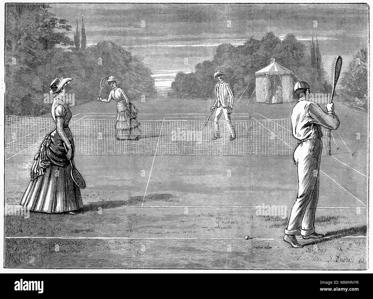 Engraving of young couples playing lawn tennis. From an original engraving in the Girl's Own Paper magazine 1882. Stock Photo