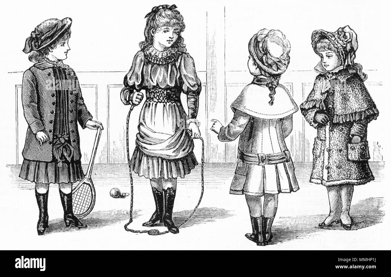 Engraving of well dressed Victorian children in their autumn clothes. From an original engraving in the Girl's Own Paper magazine 1883. Stock Photo