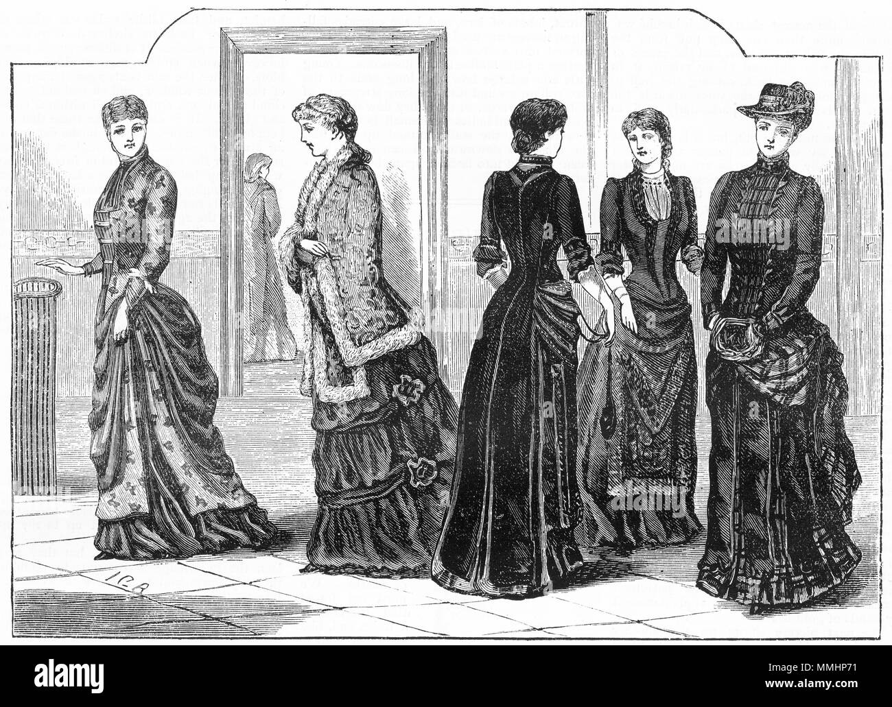 Engraving of the winter fashions for 1883. From an original engraving in the Girl's Own Paper magazine 1882. Stock Photo