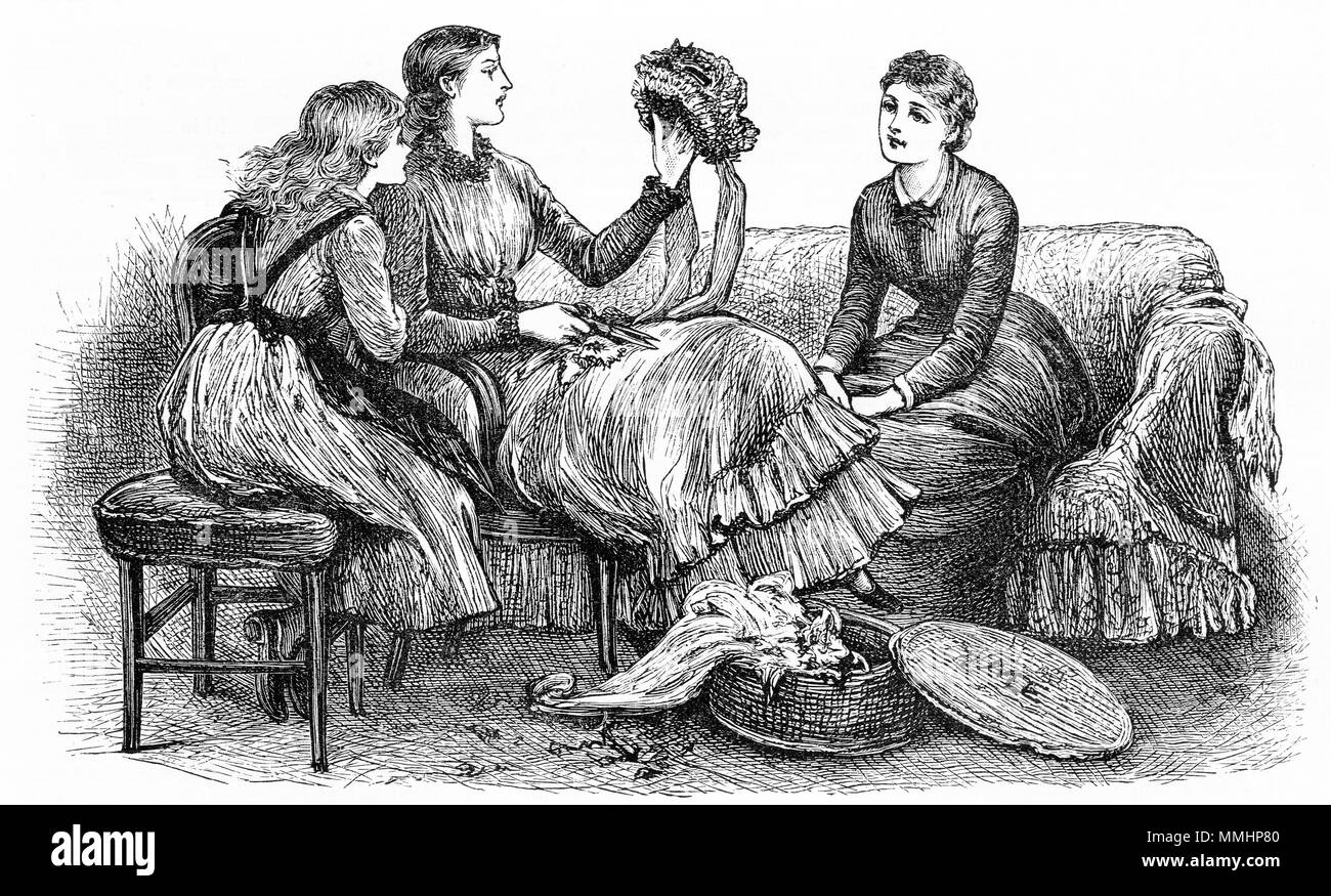 Engraving of young women discussing the design of a new hat. From an original engraving in the Girl's Own Paper magazine 1883. Stock Photo