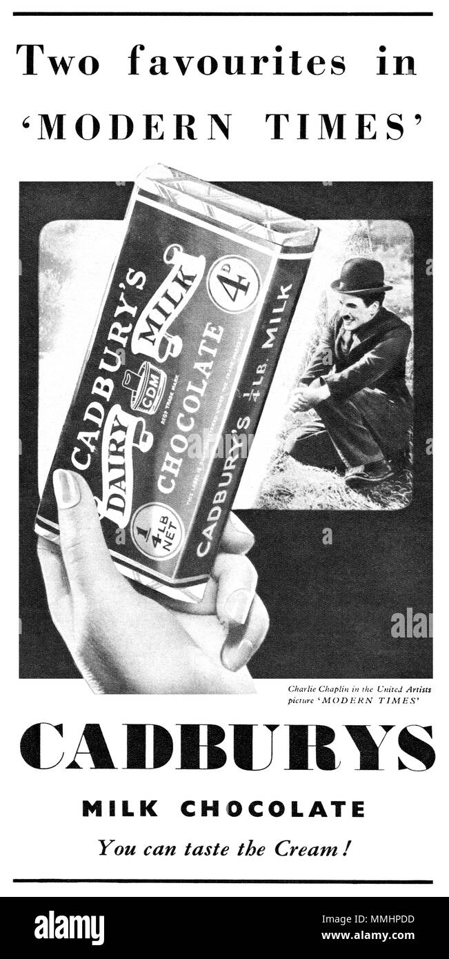 1936 British advertisement for Cadbury's Dairy Milk Chocolate, featuring the Charlie Chaplin film Modern Times. Stock Photo