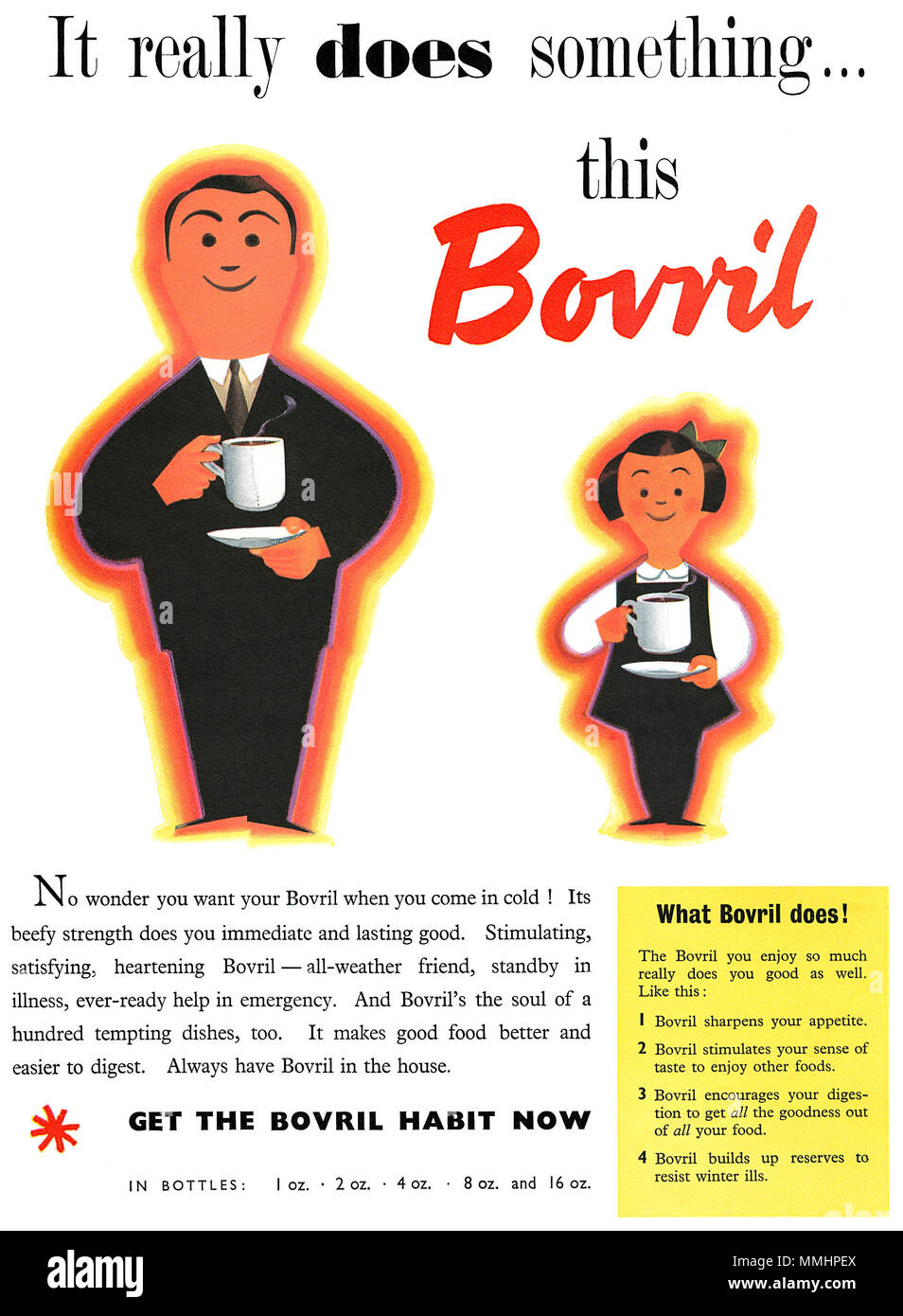 1950 British advertisement for Bovril beef extract. Stock Photo
