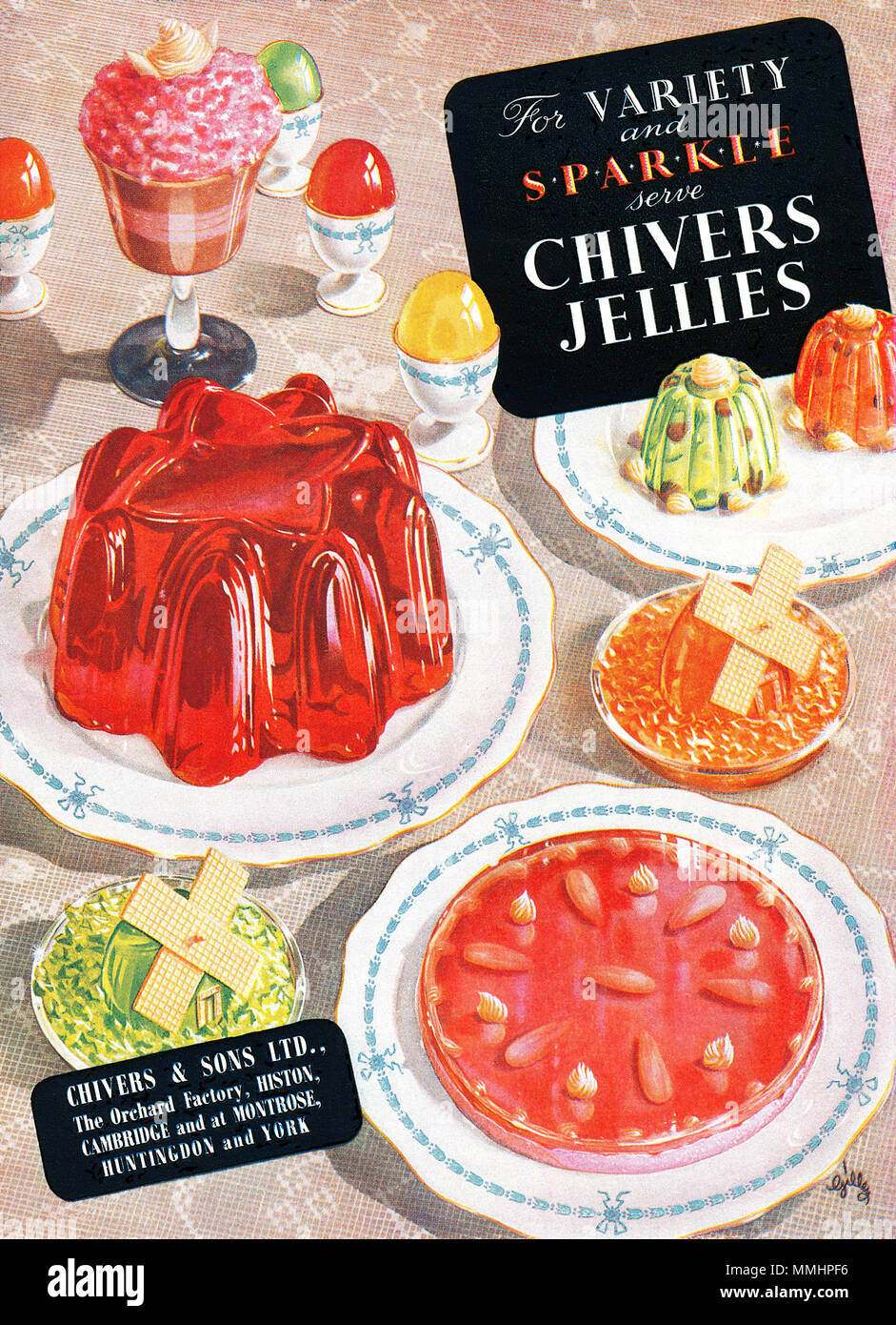 1950 British advertisement for Chivers Jellies. Stock Photo