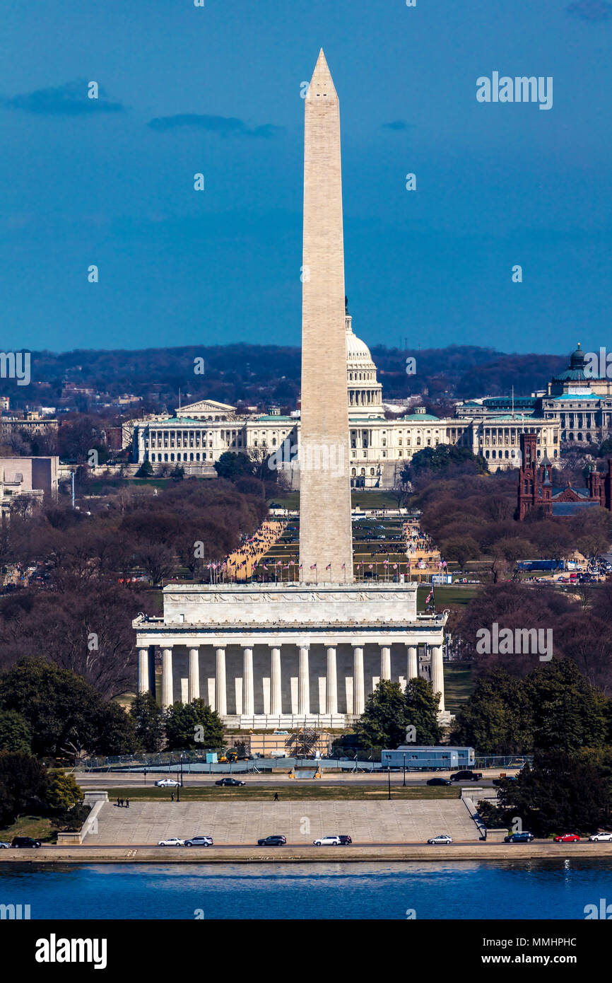 MARCH 26, 2018 - ARLINGTON, VA - WASH D.C. - Aerial view of Washington D.C. from Top of Town restaurant, Arlington, Virginia shows Lincoln & Washington Memorial and U.S. Capitol Stock Photo