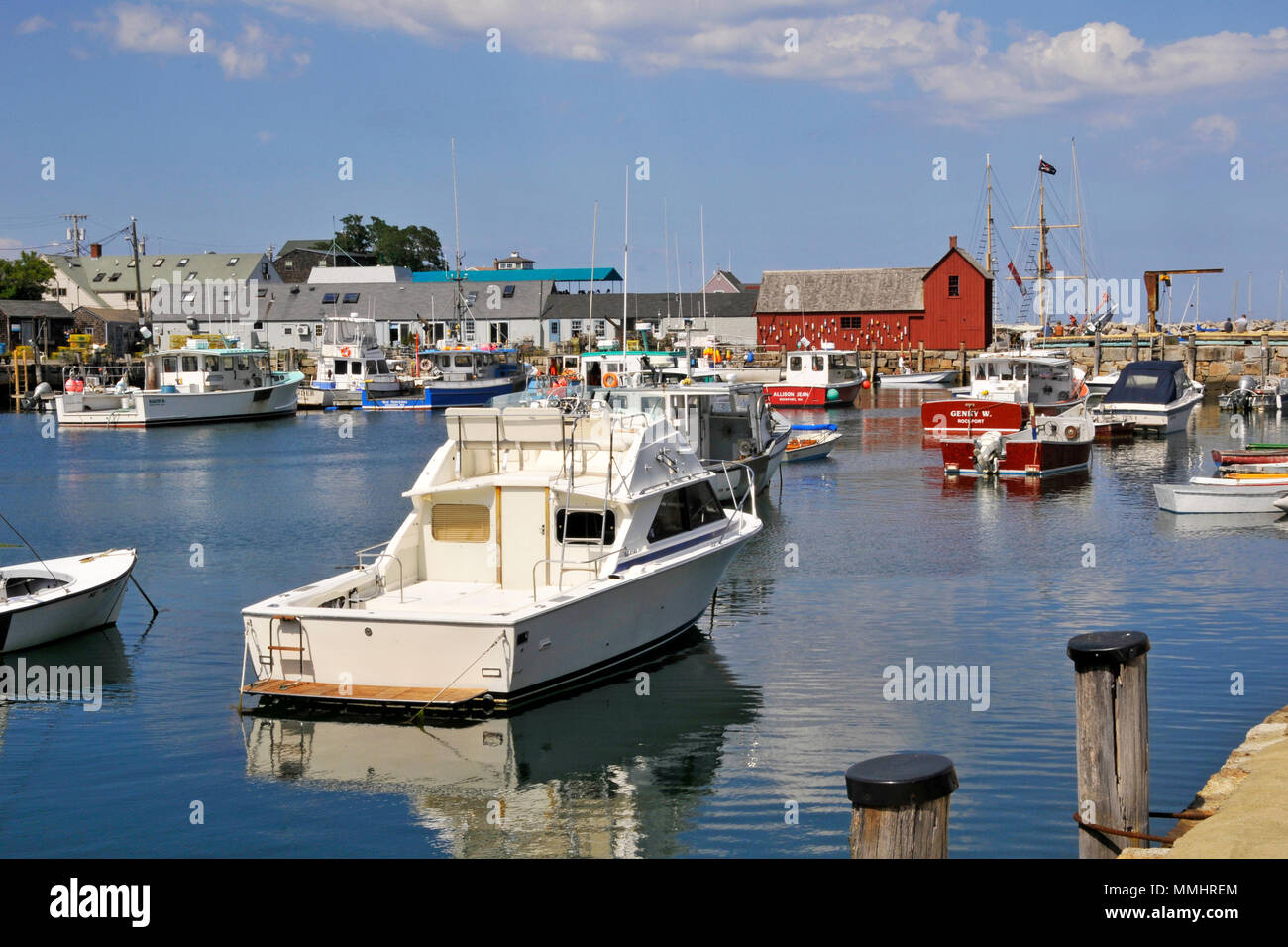 View of Rockport Harbor with famous Motif #1 red shack, Rockport, Massachusetts, USA Stock Photo