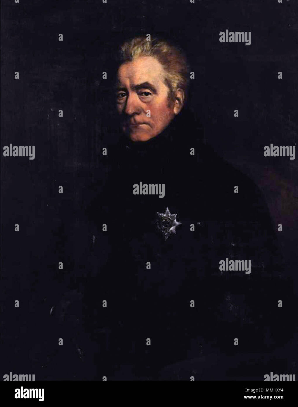 .  English: Portrait of George John, 2nd Earl Spencer, K.G. (1758-1834), wearing a black coat with a Garter Star  . circa 1833.   Adolfus Robert Venables  (1811–1892)    Alternative names Adolphus Robert Venables; Venables  Description British painter  Date of birth/death 1811 circa 1892  Work period 1842-1863  Authority control  : Q18507687 VIAF:?95682596 ULAN:?500000322 George John, 2nd Earl Spencer, K.G. (1758-1834), by Adolfus Rooert Venables Stock Photo