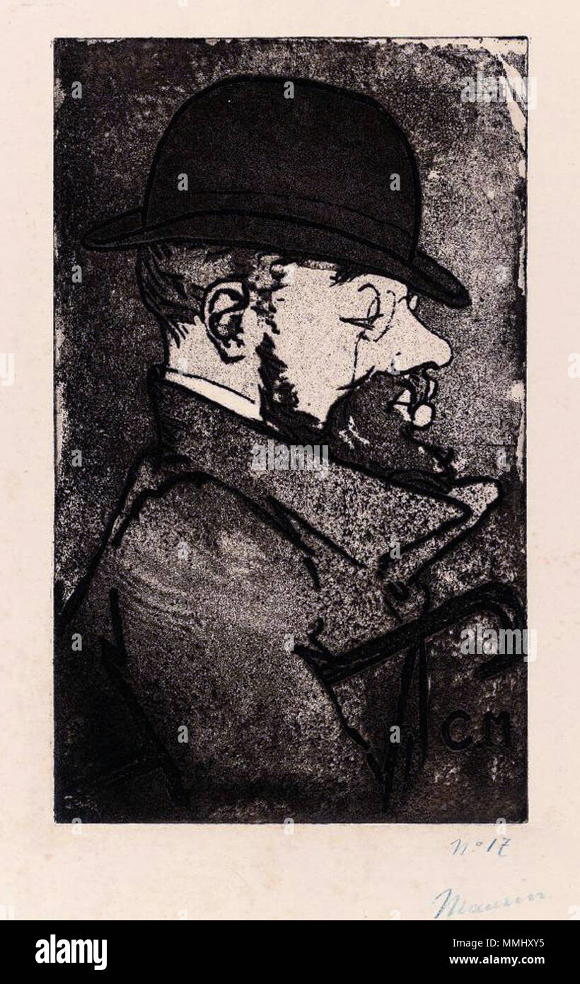 . English: Portrait of Henri de Toulouse-Lautrec (Stein & Karshan 46) aquatint in brown-black, 1893, on cream wove paper, signed in blue pencil and numbered 17, from the edition of 100, published by L'Estampe Originale, Paris, with their blindstamp, with margins P. 226 x 137 mm., S. 407 x 360 mm.   . 1893. Charles Maurin (1856-1914) Henri de Toulouse-Lautrec by Charles Maurin (1856-1914) Stock Photo