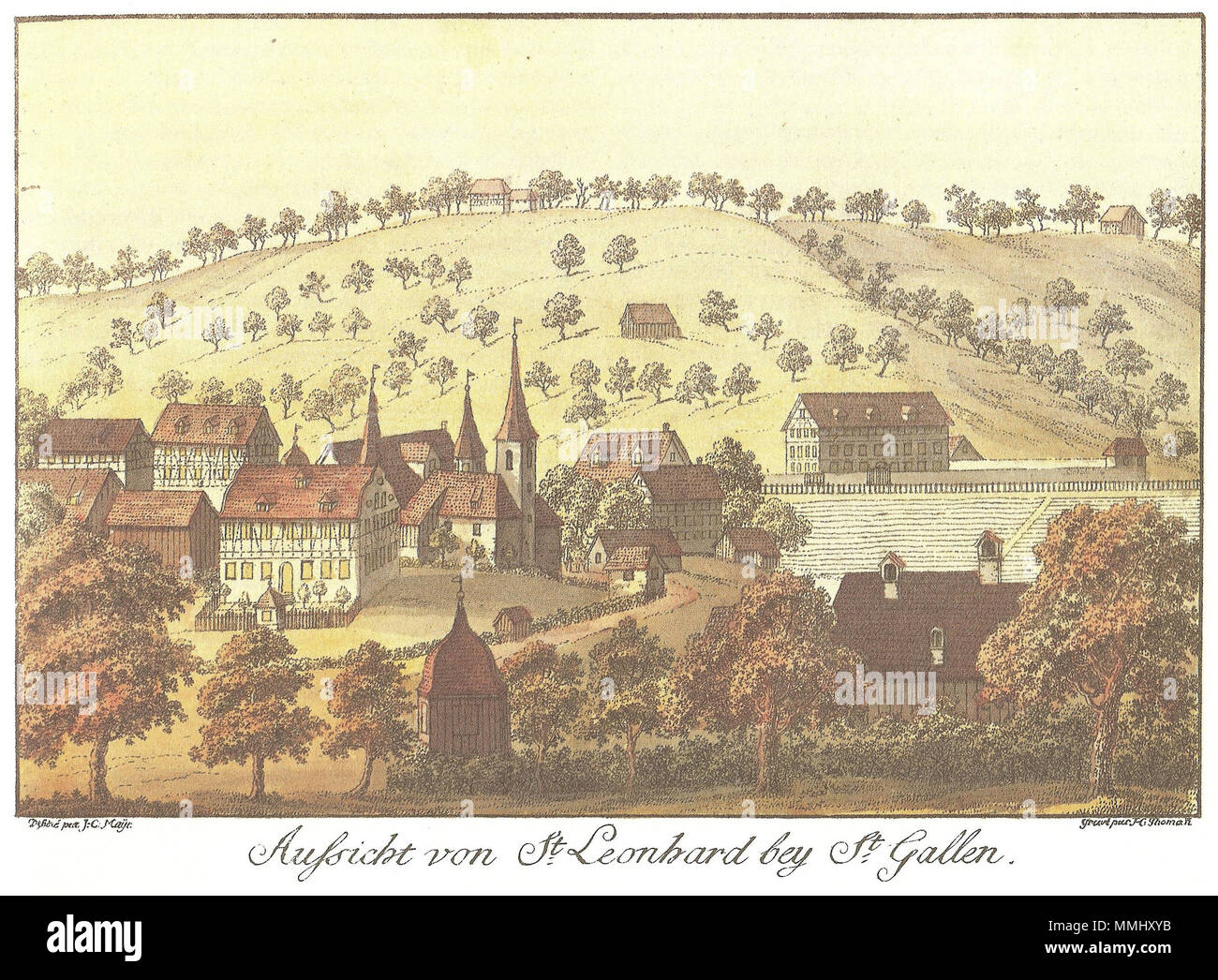 . Deutsch: Aussicht von St. Leonhard bey St. Gallen (Originaltitel).  . um 1790/1795. Zeichner:  Johann Conrad Mayr  (1750–1839)    Description German copperplate engraver and draughtsman  Date of birth/death 1750 1839  Location of birth/death Nuremberg Lindau(?)  Authority control  : Q18508382 VIAF:?3413987 ISNI:?0000 0000 2215 7093 ULAN:?500348426 LCCN:?n83143652 GND:?124755119 WorldCat    Kupferstecher:  Heinrich Thomann  (1748–1794)    Description painter  Date of birth/death February 1748 15 December 1794  Location of birth/death Zollikon Zollikon  Authority control  : Q37341650 SIKART:?4 Stock Photo