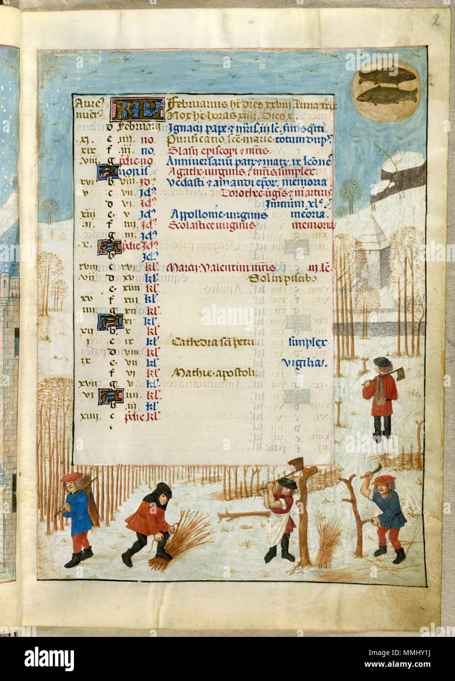 English: This page, from the calendar for February, shows the zodiac sign  for Pisces (as two fish, facing in opposite directions) in the upper right of  the folio. Below is a