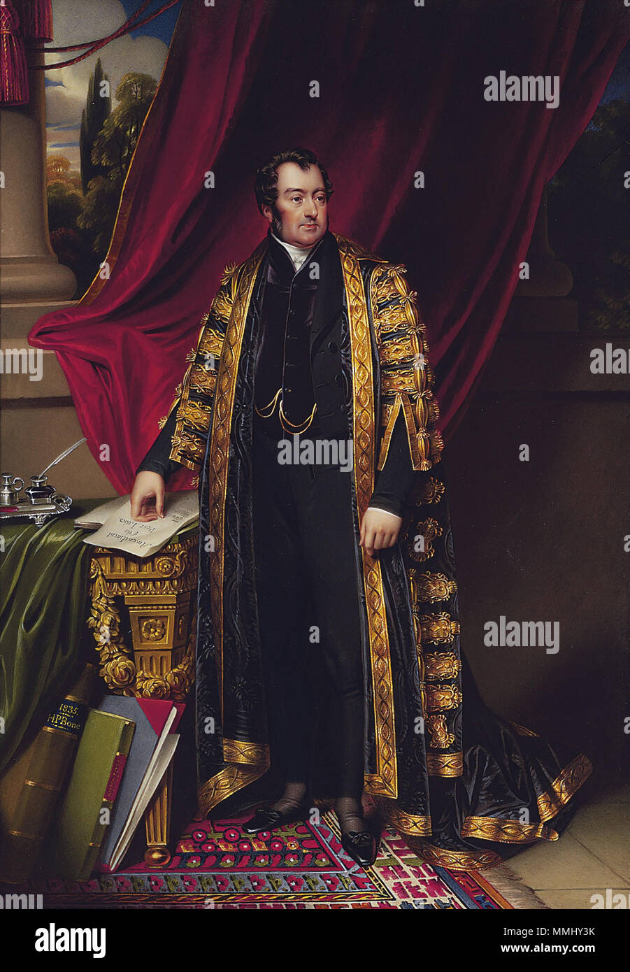 .  English: John Charles Spencer, Viscount Althorp, 3rd Earl Spencer (1782-1845), as Chancellor of the Exchequer, full length in Chancellor's robes over black mourning suit, standing beside a George II giltwood console table from Spencer House draped with green cloth, his right hand resting on a document entitled 'Amendment of the Poor Laws', large leather-bound books and folio propped against table leg, inkwell, salt cellar and quill on silver stand on table, red curtain, pillar and curtain interior; landscape background signed and dated on the spine of the largest leather-bound book '1835. H Stock Photo