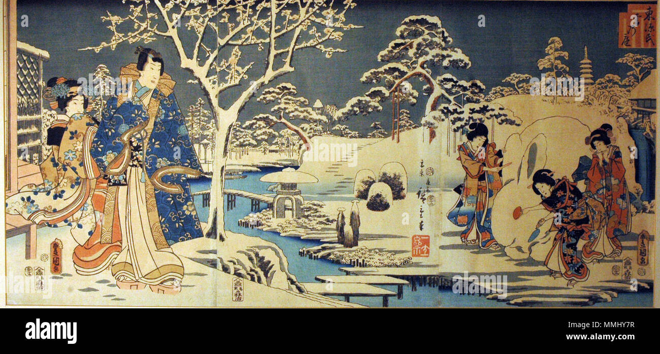 . English: Accession Number: 1981.8 Display Artist: Utagawa Kunisada and Utagawa Hiroshige Display Title: An Eastern Genji in a Snowy Garden Translation(s): 'Yuki no niwaAzuma Genji yuki no niwa ' Series Title: 'Inaka Genji (Eastern Genji, or Country Genji)' Suite Name: Azuma genji Creation Date: 1854 Medium: Woodblock Height: 14 3/16 in. Width: 29 1/8 in. Display Dimensions: 14 3/16 in. x 29 1/8 in. (36.04 cm x 73.98 cm) Publisher: Moriya Jihei Credit Line: Bequest of Admiral Elliott M. Senn Label Copy: 'Two great artists of the Utagawa school collaborated in the creation of this charming sce Stock Photo