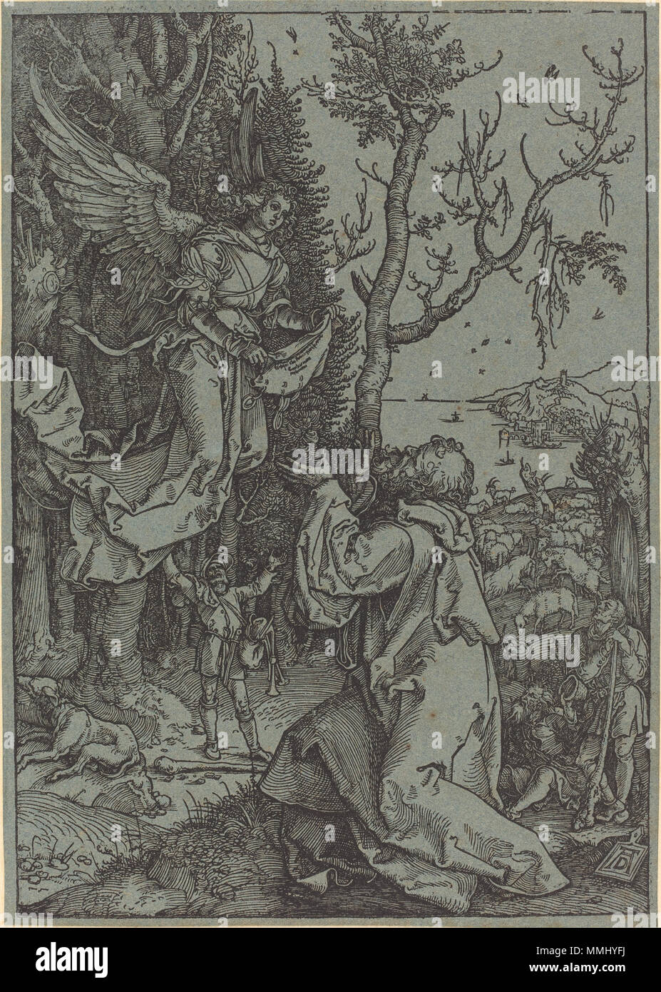 R-20101130-0036.jpg Albrecht Dürer (German, 1471 - 1528 ), Joachim and the Angel, c. 1504, woodcut on blue laid paper; laid down, Ailsa Mellon Bruce Fund Albrecht Dürer - Joachim and the Angel (NGA 1988.18.1) Stock Photo