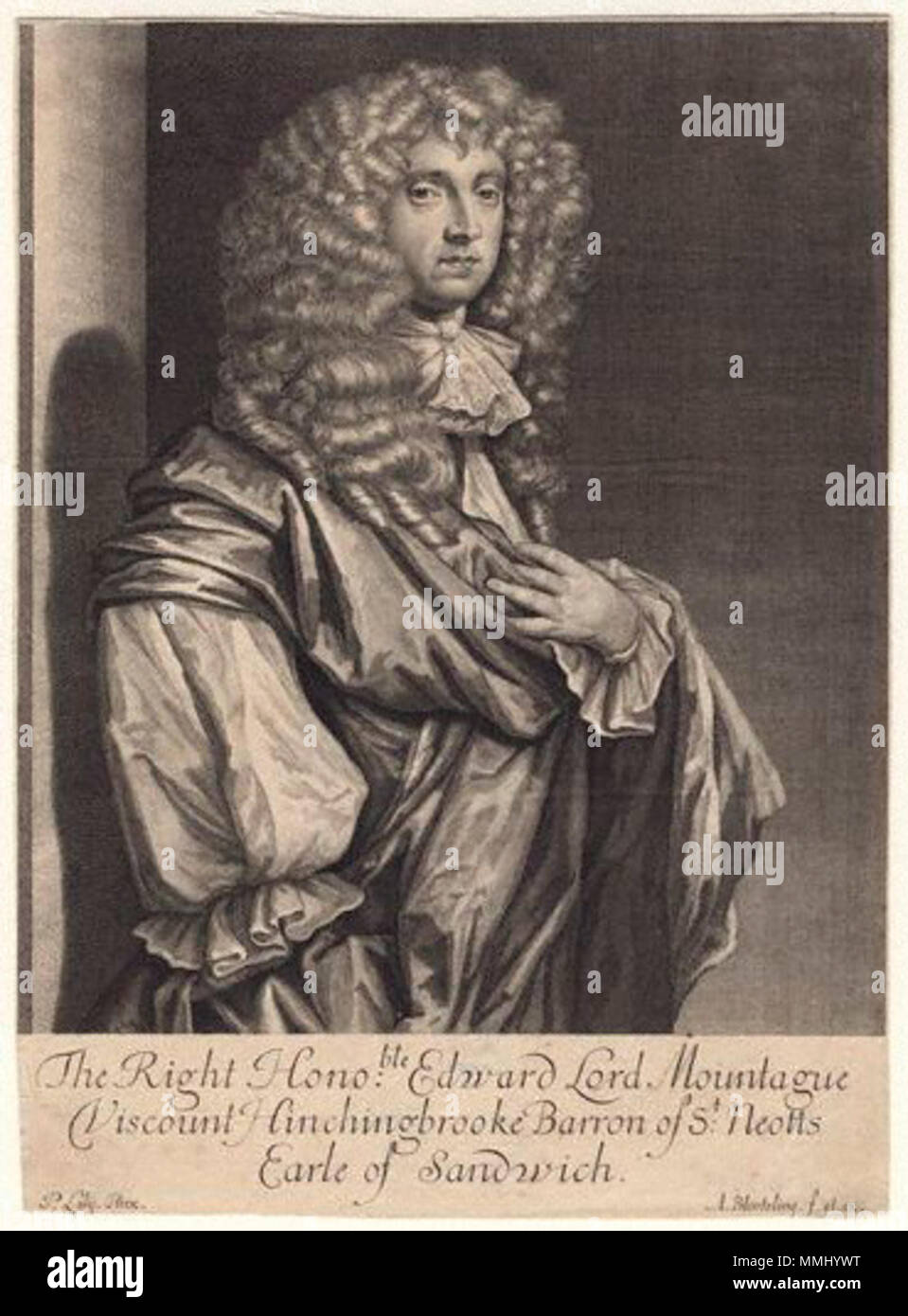 .  English: Edward Montagu, 2nd Earl of Sandwich (1647/48-1688)  by; after Abraham Blooteling (Bloteling); Sir Peter Lely,print,1670s 2ndEarlOfSandwich Stock Photo