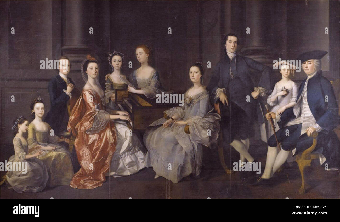.  English: 232 by 400 cm; signed and dated lower right: H. Pickering / pinxit 1755   Walston Dixie (1701-1767) 4ht Bt of Boston Hall, Leicestershire, and his family seated around a harpsichord Wolstan Dixie 4ht Bt (1701-1767) of Bosworth Hall by Henry Pickering Stock Photo