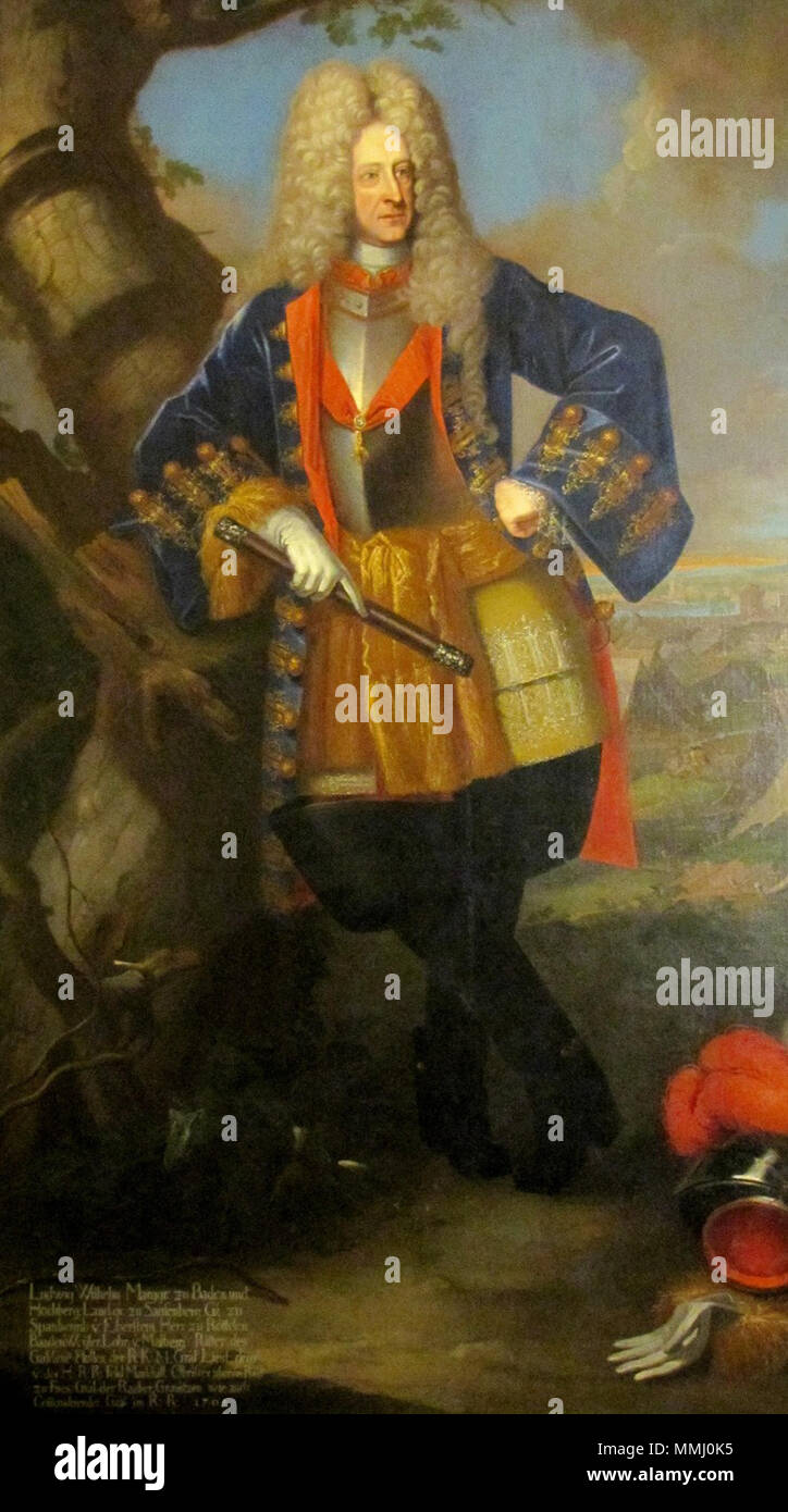 .  Deutsch: Porträt des Markgrafen Ludwig Wilhelm von Baden-Baden, genannt der Türkenlouis (1655-1707) . Unter seinem Kommando wurde u.a. auch 1702 die von Vauban geplante Festung Landau erfolgreich belagert und der berüchtigte damalige Festungsbefehlshaber Mélac vertrieben. HGM Ludwig Wilhelm von Baden Baden Stock Photo