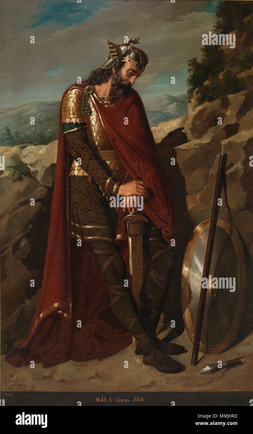.  Español: El lienzo representa a Agila I (¿?-554), rey de los visigodos, que reinó entre los años 549 y 554. Sucedió al rey Teudiselo y fue sucedido a su vez por el rey Atanagildo. El rey Agila I está representado de perfil, con armadura, apoyando ambas manos en la espada y en actitud meditabunda. Al fondo, un paisaje con rocas sobre las que, en el ángulo inferior derecho, se apoya el escudo. El lienzo pertenece a la colección del Museo del Prado, aunque se encuentra depositado en el Congreso de los Diputados de España.  Agila I, rey godo. 1853. Agila I, rey de los Visigodos (Museo del Prado Stock Photo