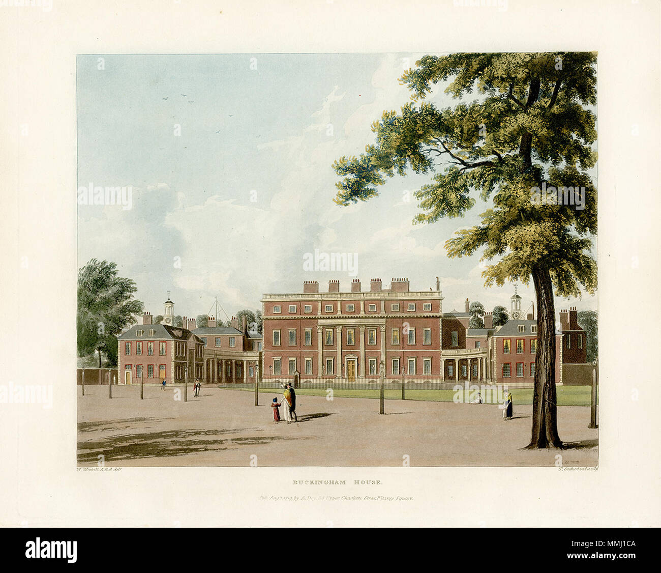 .  English: A view of Buckingham House, later rebuilt as Buckingham Palace  Buckingham House. August 1819. Buckingham House, from Pyne's Royal Residences, 1819 - panteek pyn65-331 Stock Photo