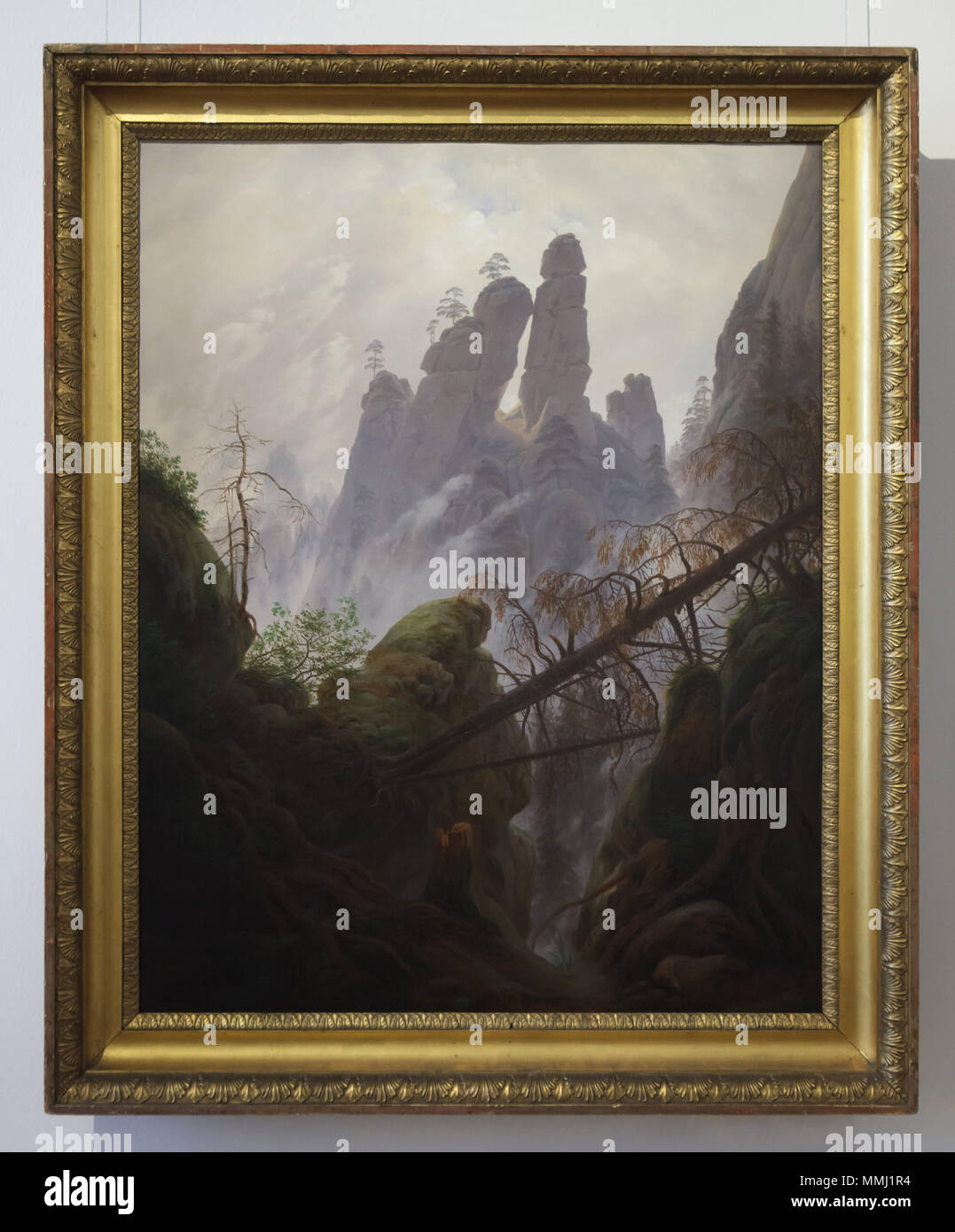 Painting 'Rocky Landscape in the Elbe Sandstone Mountains' (1822-1823) by German Romantic landscape painter Caspar David Friedrich on display in the Belvedere Museum in Vienna, Austria. Stock Photo