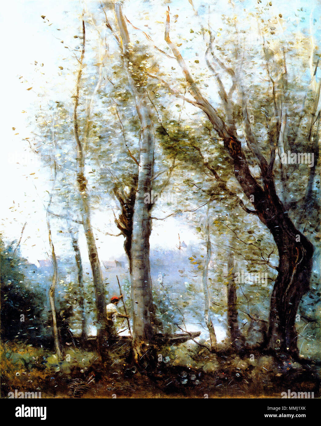 French: Le Batelier passant derrière les arbres de la rive. between 1865 and 1870. Corot batelier Stock Photo
