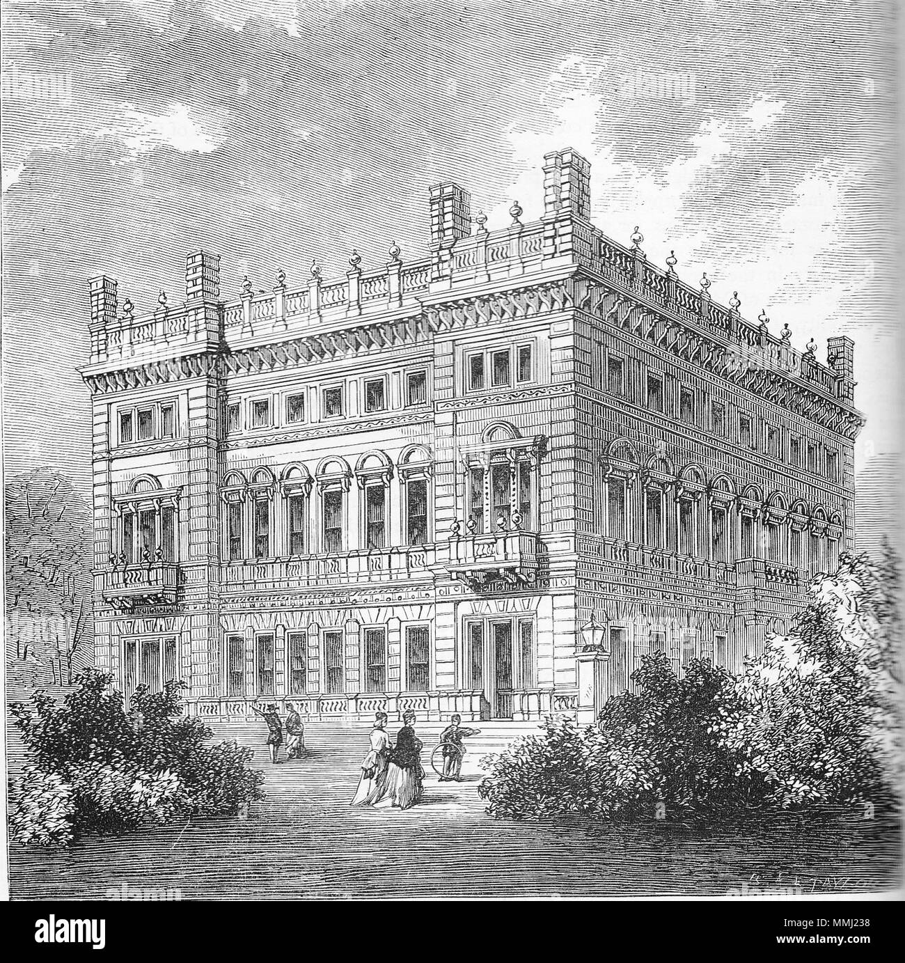 . English: Bridgewater House, Westminster, London. Image published in Walford, Edward. Old & New London, A Narrative of its People & its Places, 6 vols., London: Cassell, 1878, vol 4, p.180. Note: Bridgewater House was designed in Italian Palazzo style by Charles Barry for Francis Egerton, 1st Earl of Ellesmere.  . 1878. Edward Walford (1823–1897) BridgewaterHouse Stock Photo