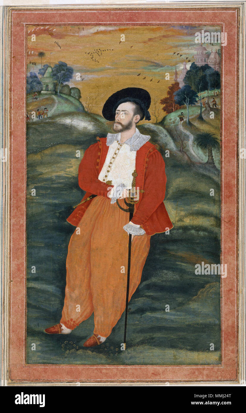 . English: A European   Object:   Painting  Date:   ca. 1610-1615 (made)  Artist/Maker:   Unknown (production)  Materials and Techniques:   Opaque watercolour on paper  Museum number:   IM.9-1913  Gallery location:   In Storage  Download image   Summary  More information Download PDF version This Mughal painting of an unknown European was probably painted in the first half of the reign of the emperor Jahangir (1605-1627). The Western elements of the man's clothes, and the style of his European sword, are broadly dateable to the 1590s, suggesting that the anonymous Mughal artist based his paint Stock Photo