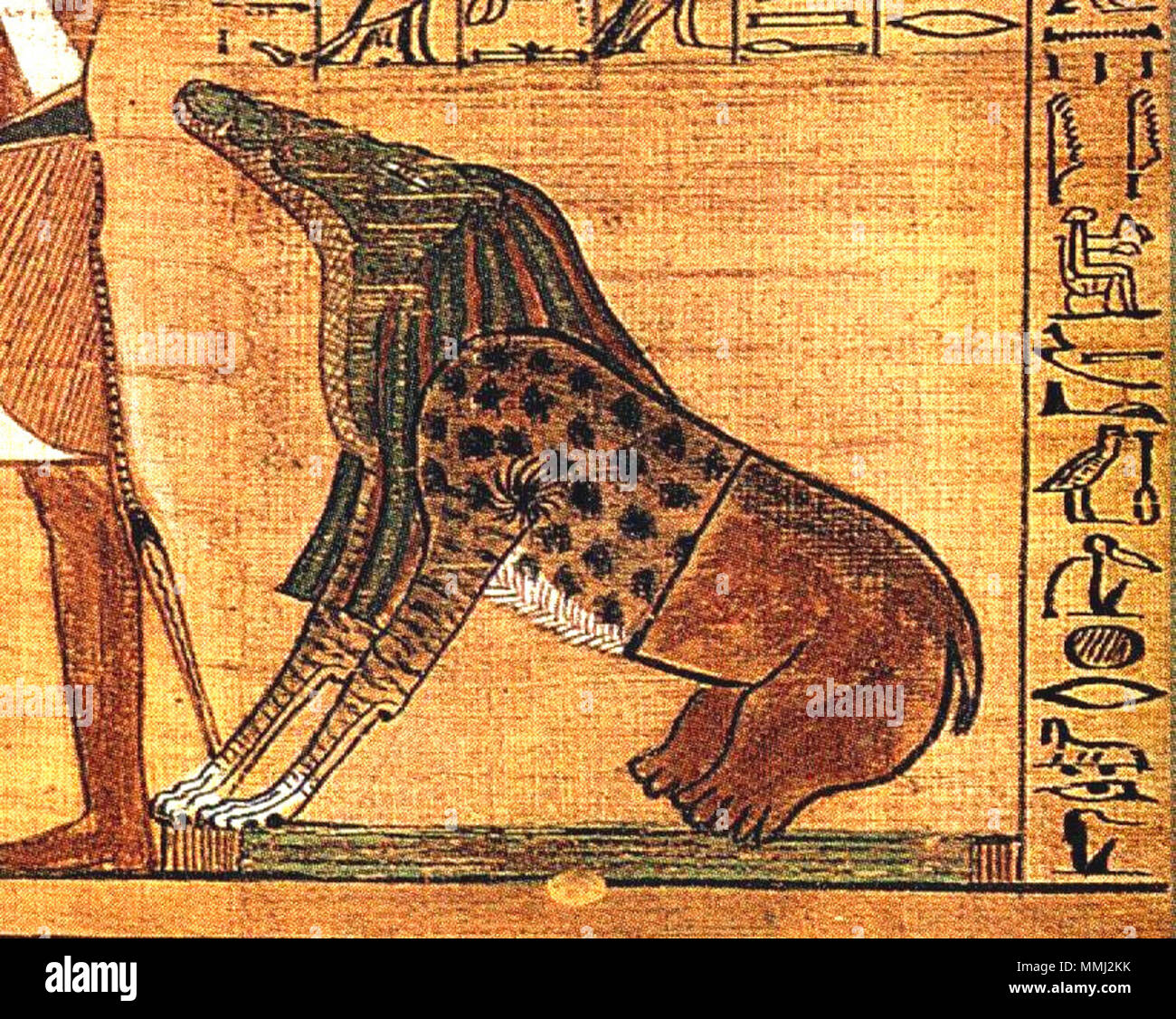 .  English: The Weighing of the Heart from the Book of the Dead of Ani. At left, Ani and his wife Tutu enter the assemblage of gods. At center, Anubis weighs Ani's heart against the feather of Maat, observed by the goddesses Renenutet and Meshkenet, the god Shay, and Ani's own ba. At right, the monster Ammut, who will devour Ani's soul if he is unworthy, awaits the verdict, while the god Thoth prepares to record it. At top are gods acting as judges: Hu and Sia, Hathor, Horus, Isis and Nephthys, Nut, Geb, Tefnut, Shu, Atum, and Ra-Horakhty.  . 13 May 2011, 11:05 (UTC).  BD Weighing of the Heart Stock Photo