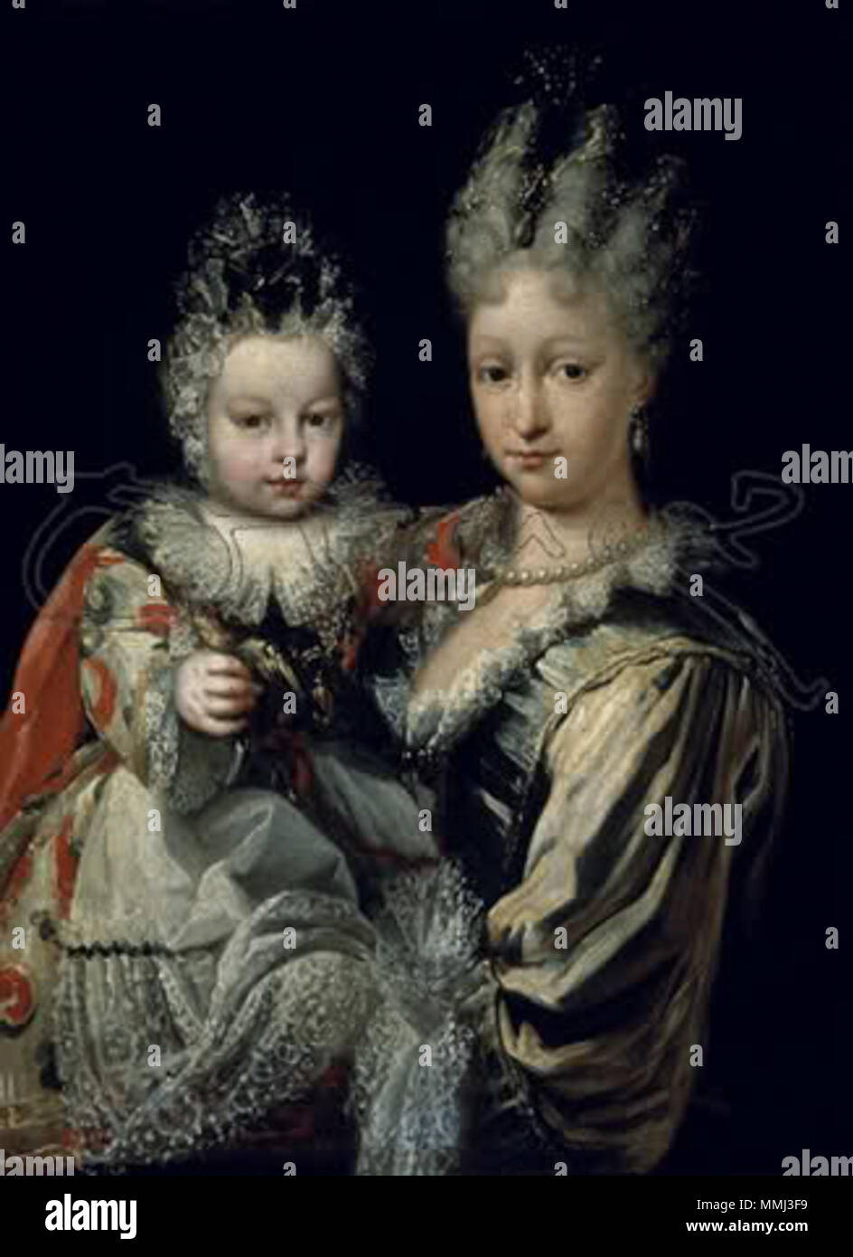 .  English: Elisabeth Farnese with her eldest son Infante Carlos (future Carlos III of Spain)  . 1716. Elisabetta Farneseson Stock Photo