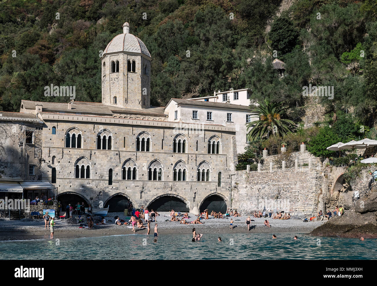 Coastal village and beach of San Fruttuoso, Liguria, Italy Stock Photo ...