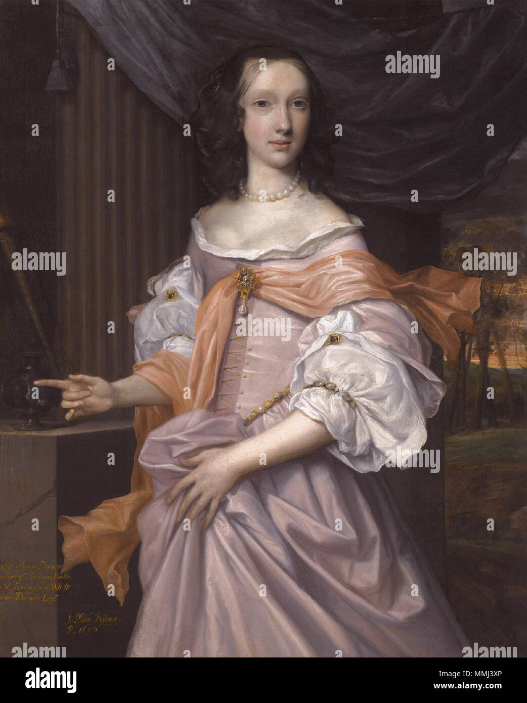 .  English: Catherine Dormer, daughter of Montagu Bertie, 2nd Earl of Lindsey (d. 1659) oil on canvas 123 x 99.5 cm 1659 inscribed l.l.:Lady Catherine Dormer / daughter of Montague Bertie / Earl of Lindsey. and. wife to / Robert Dormer Esqr. signed and l.l.: J.Mich:Ritus / P.1659   . 1659. Catherine Dormer, daughter of Montagu Bertie, 2nd Earl of Lindsey, by John Michael Wright Stock Photo
