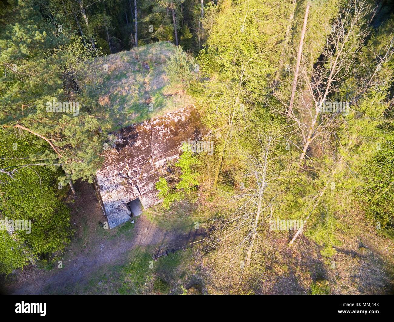 Aerial view of reinforced concrete bunker belonged to Himmler Headquarters Hochwald hidden in a forest in Pozezdrze, Poland (former Possesern, East Pr Stock Photo