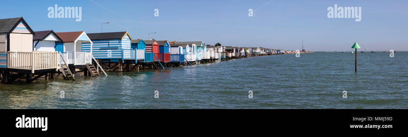 A panoramic view of the Beach Huts at Thorpe Bay in Southend-on-Sea in Essex. Stock Photo