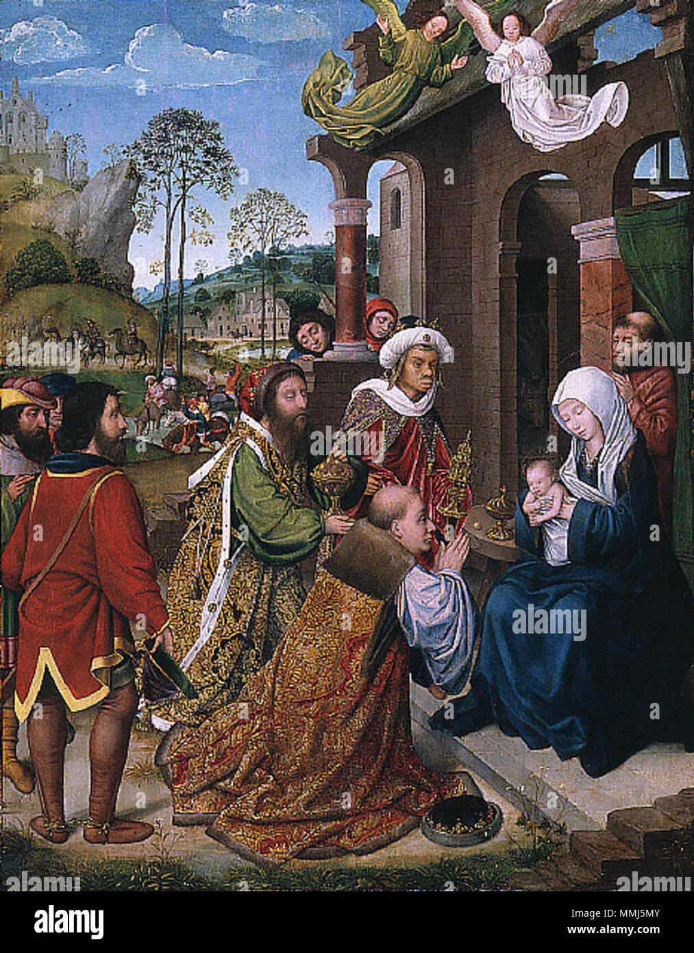 English: Adoration of the Magi . circa 1505. Follower of Hugo van der Goes - Adoration of the Magi Stock Photo