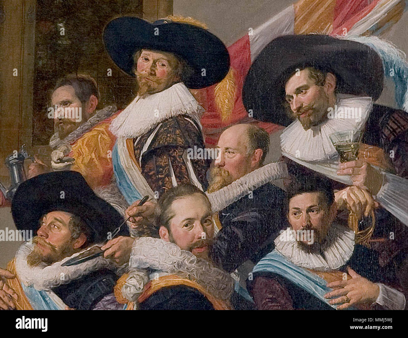 The Banquet of the Officers of the St Adrian Militia Company in 1627. 1627. Frans  Hals 015.jpg:Frans Hals derivative work:User:Morgan Riley Frans Hals -  detail showing Cavalier hats Stock Photo - Alamy