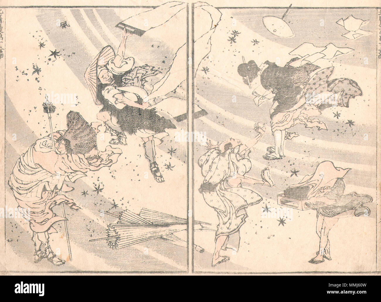 .  English: Hokusai-Manga 5  Gust of wind. 1820. Katsushika Hokusai (????) (1760–1849) Gust of wind. Manga. Stock Photo