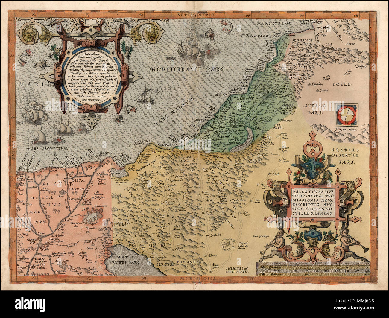 .  English: A nice example of Ortelius' map of the Holy Land, from the 1572 German edition of his Theatrum Orbis Terrarum, the first modern atlas. The map shows all of the Holy Lands with Egypt. In the upper left is a text box describing the region. In the bottom right is a fine title cartouche with mileage scale below it. Five sailing ships and a sea monster in the ocean. References: Van Den Broecke 170  Latina: Palestinae Sive Totius Terrae Promissionis Nova Descriptio Auctore Tilemanno Stella Sigenens. 1572. Abraham Ortelius. Palestinae Sive Totius Terrae Promissionis Nova Descriptio Auctor Stock Photo