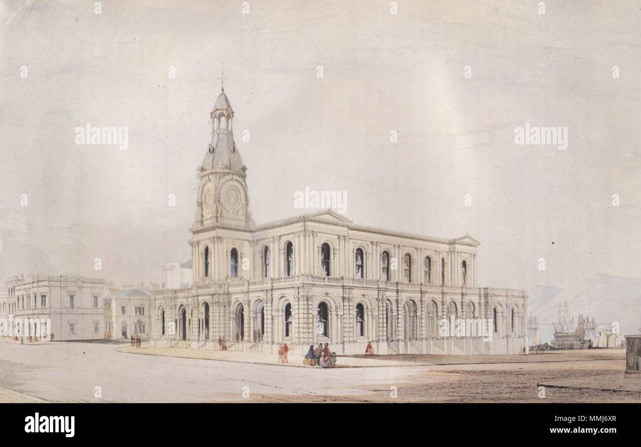 English: The Exchange housed the University of Otago between 1871 and 1878. The building was designed by the architects Mason and Wales and was originally intended to be Dunedin's post office. circa 1865. George O'Brien watercolour of the Dunedin Post Office Stock Photo