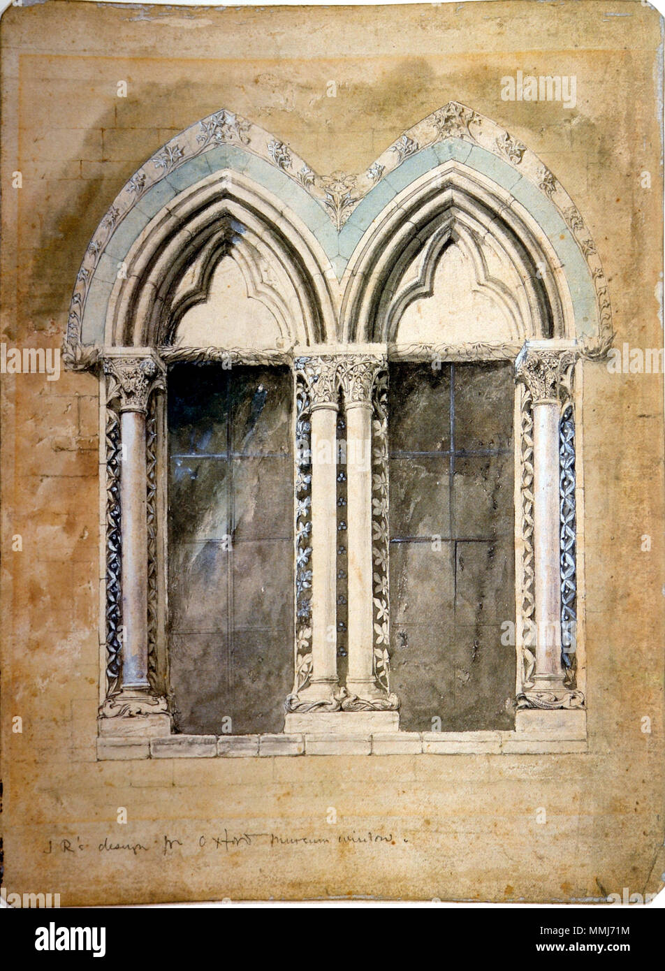 . Design for a Window, Oxford Museum, pencil, watercolour and bodycolour, 38.7 x 29 cm  . 1858.   John Ruskin  (1819–1900)       Alternative names Ruskin  Description British author, poet, artist and art critic  Date of birth/death 8 February 1819 20 January 1900  Location of birth/death London English: Brantwood, Lake District  Work location England, Venice, Switzerland, France  Authority control  : Q179126 VIAF:?73859585 ISNI:?0000 0001 2139 3446 ULAN:?500006262 LCCN:?n79006950 NLA:?36583544 WorldCat Design for a Window Oxford Museum Stock Photo