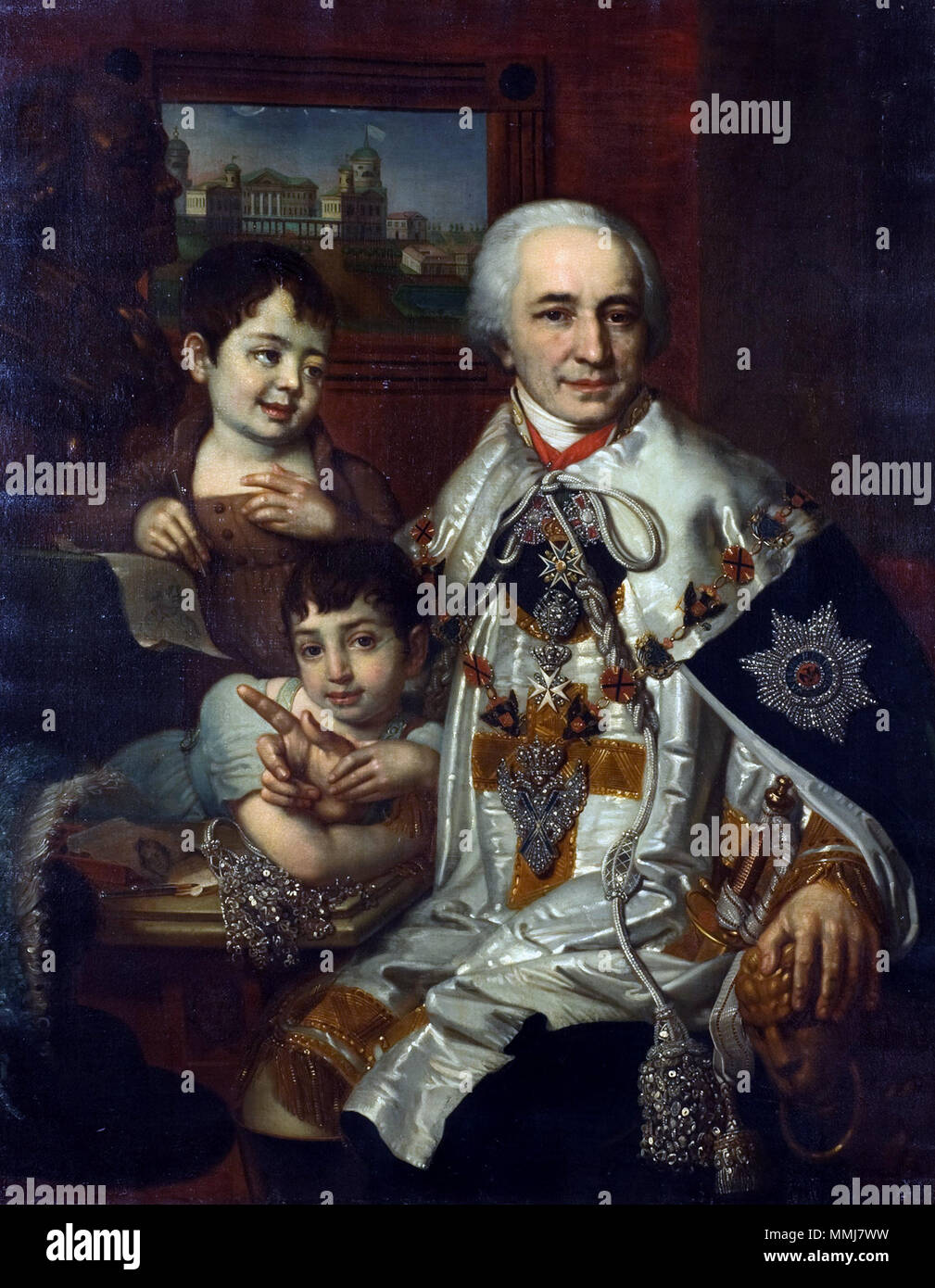 .  Lot Description Vladimir Borovikovsky (1757-1825) Portrait of Admiral Count Grigorii Grigorievich Kushelev (1754-1833), wearing the ceremonial costume of the Order of St Andrew, the diamond order of St Andrew with necklace, the Order of Malta with diamonds and the Order of St Anne and Alexander Nevskii, with children Aleksandr (1800-1855) and Grigorii (1801-1855) indistinctly signed (lower left) oil on canvas 48¼ x 37¾ in. (122.5 x 95.7 cm.) Painted after 1809 Special Notice These lots have been imported from outside the EU for sale using a Temporary Import regime. Import VAT is payable (at Stock Photo